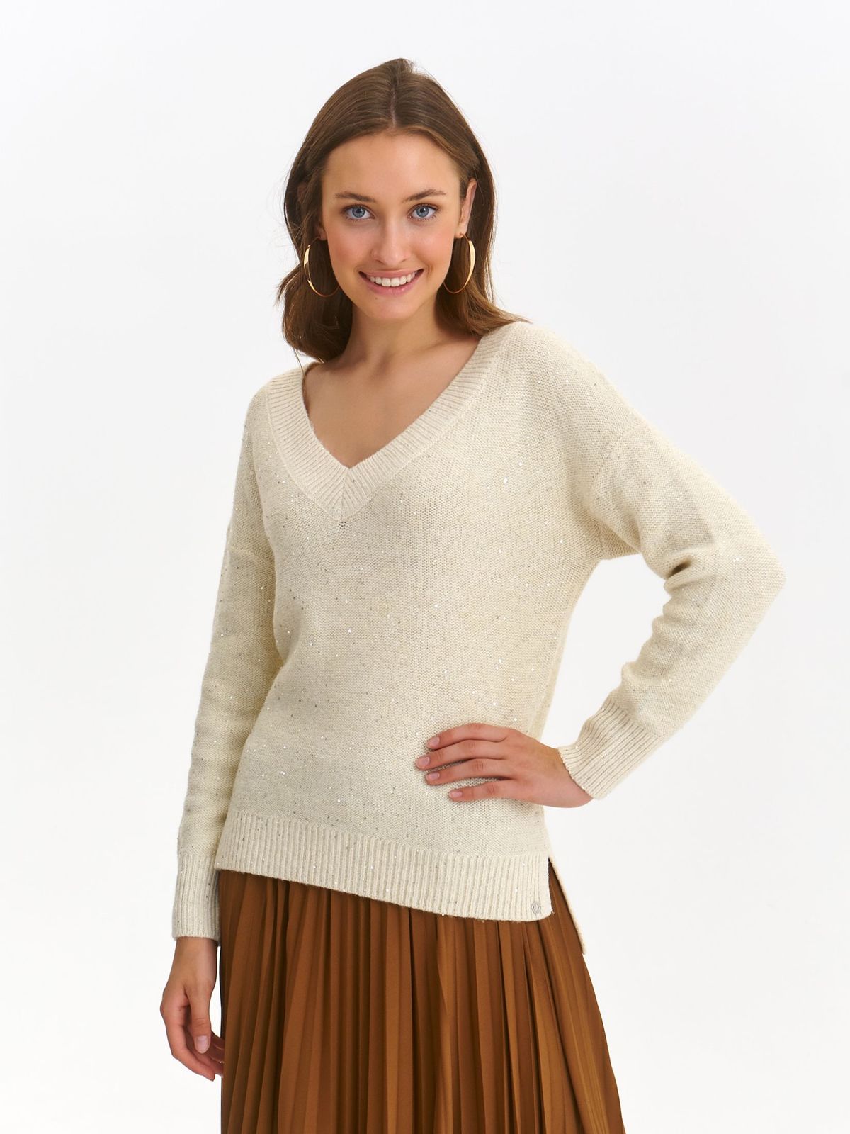 Beige sweater knitted loose fit with v-neckline with sequin embellished details