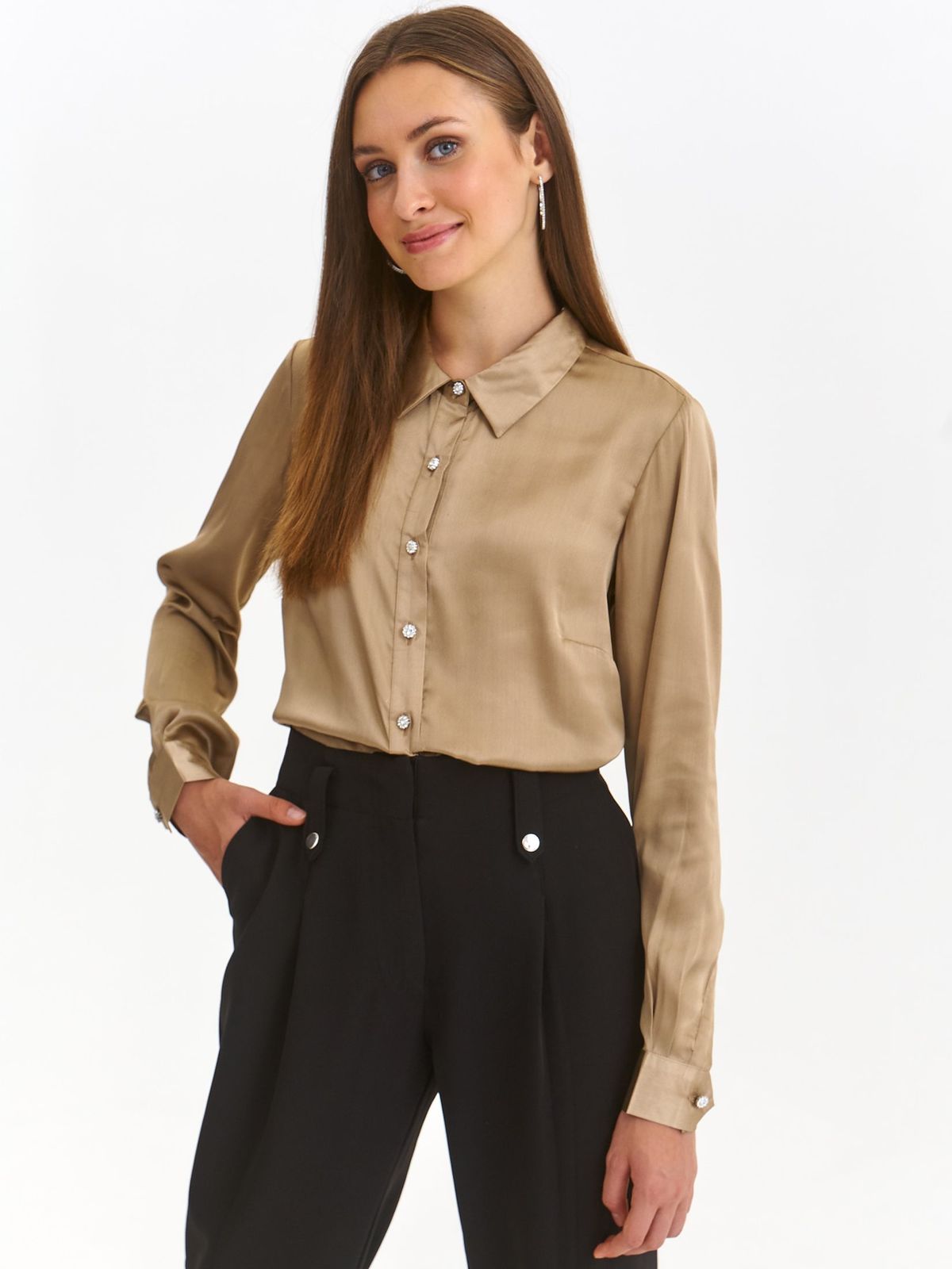 Nude women`s shirt from satin loose fit with decorative buttons