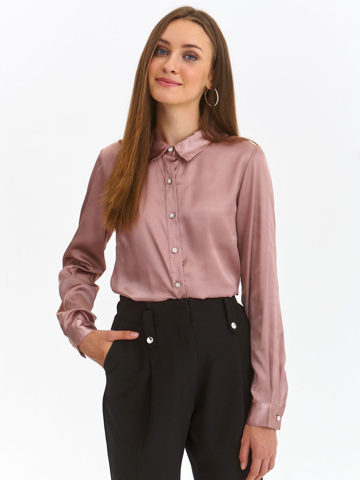 Lightpink women`s shirt from satin loose fit with decorative buttons