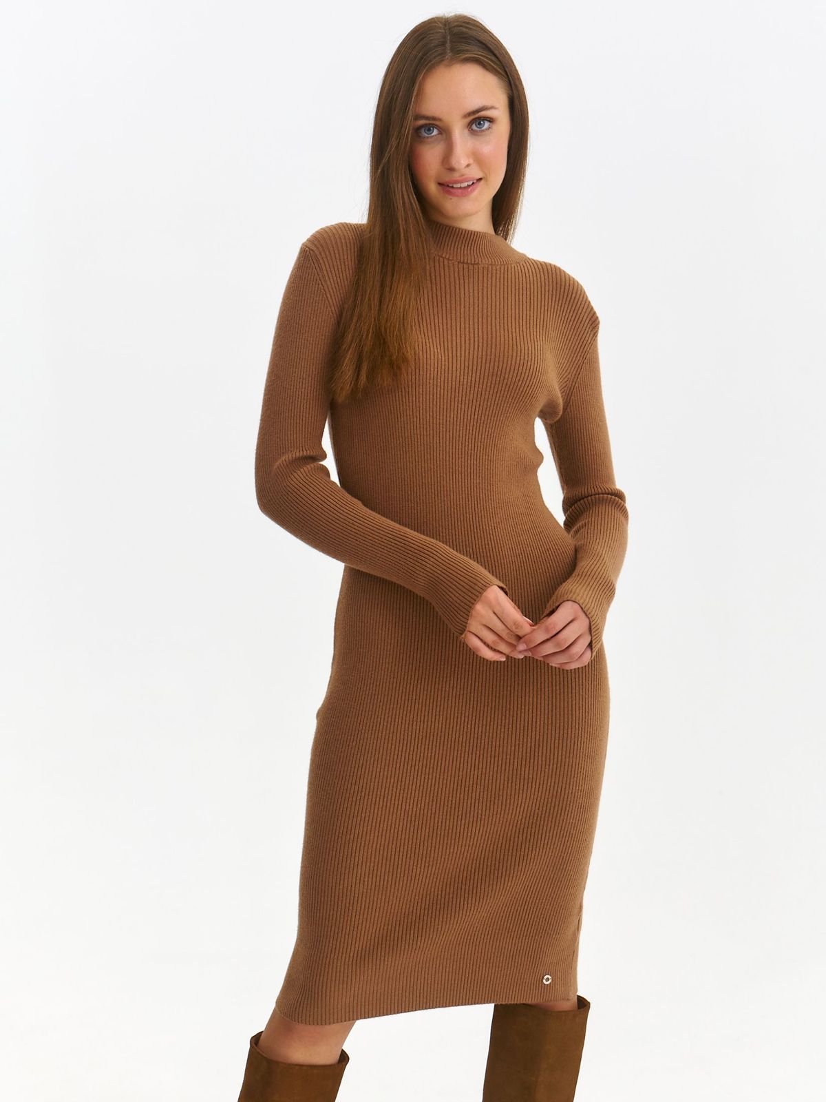 Rochie din tricot maro midi tip creion cu guler inalt - Top Secret
