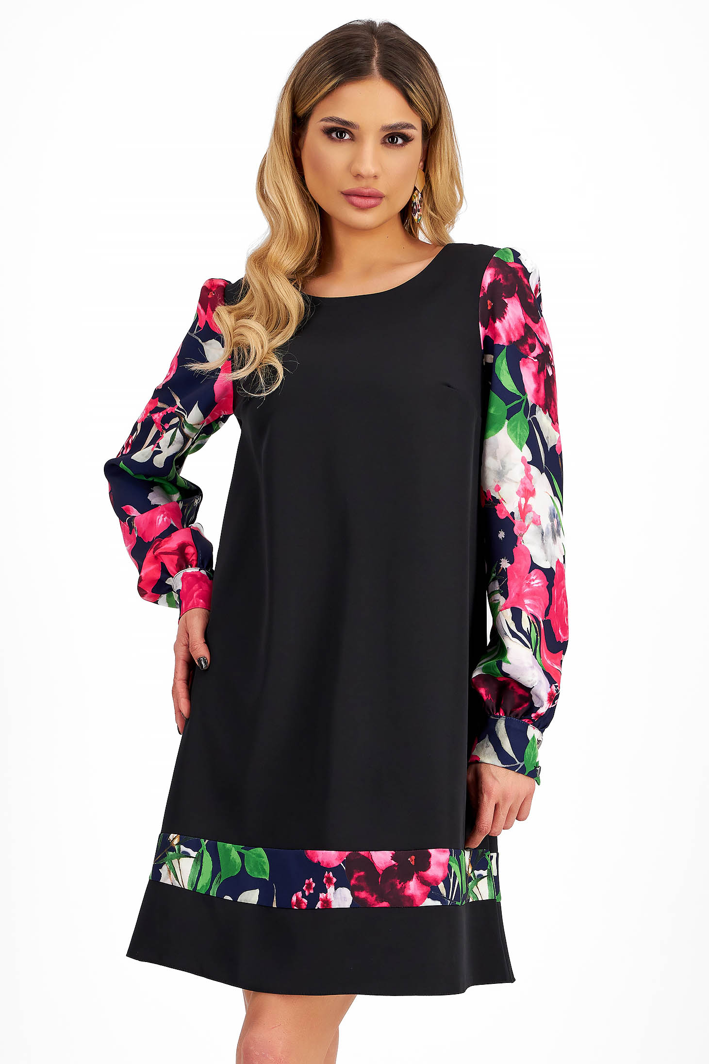 Rochie din stofa elastica cu croi larg si maneci bufante cu imprimeu floral - StarShinerS 1 - StarShinerS.ro