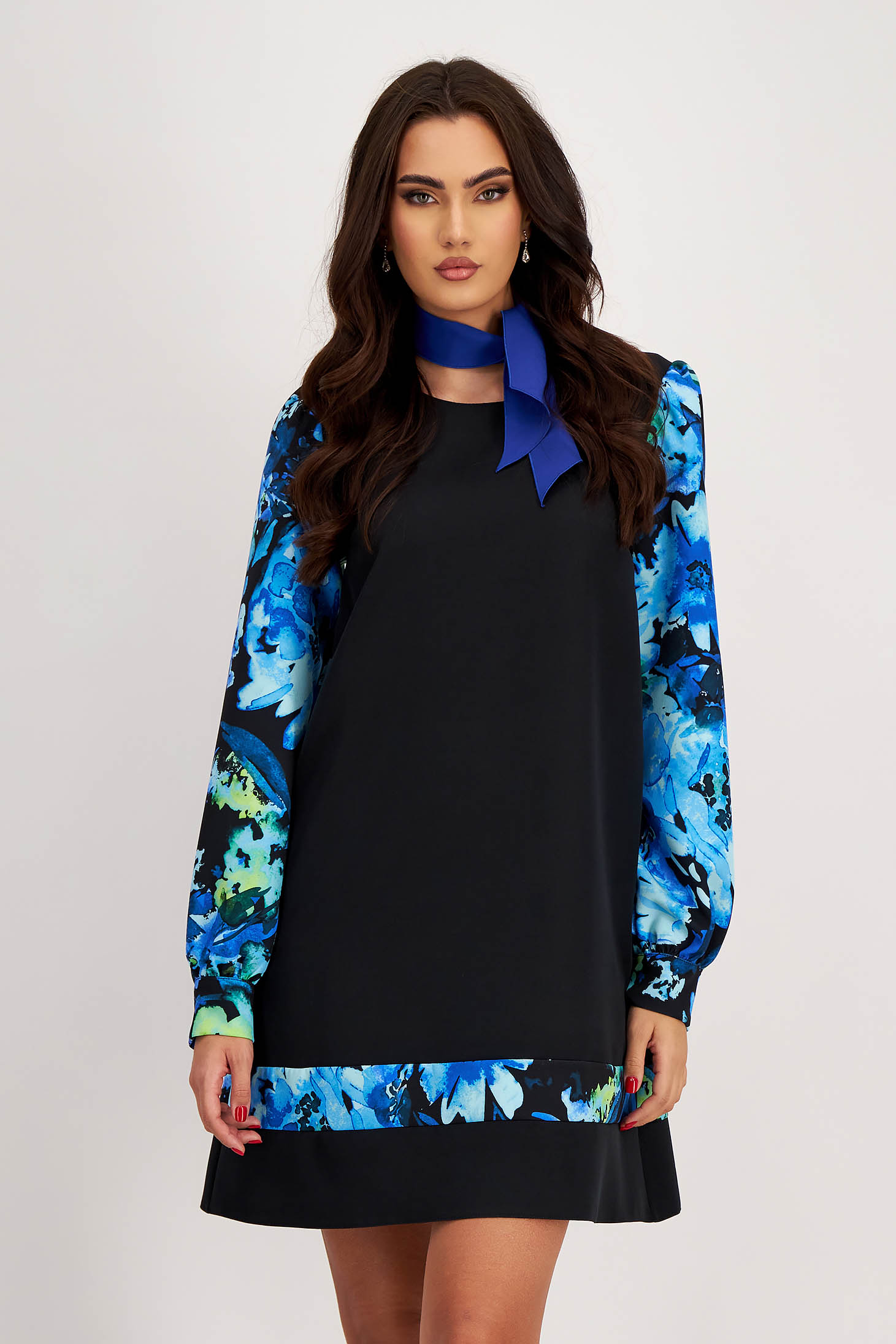 Rochie din stofa elastica cu croi larg si maneci bufante cu imprimeu floral - StarShinerS 1 - StarShinerS.ro