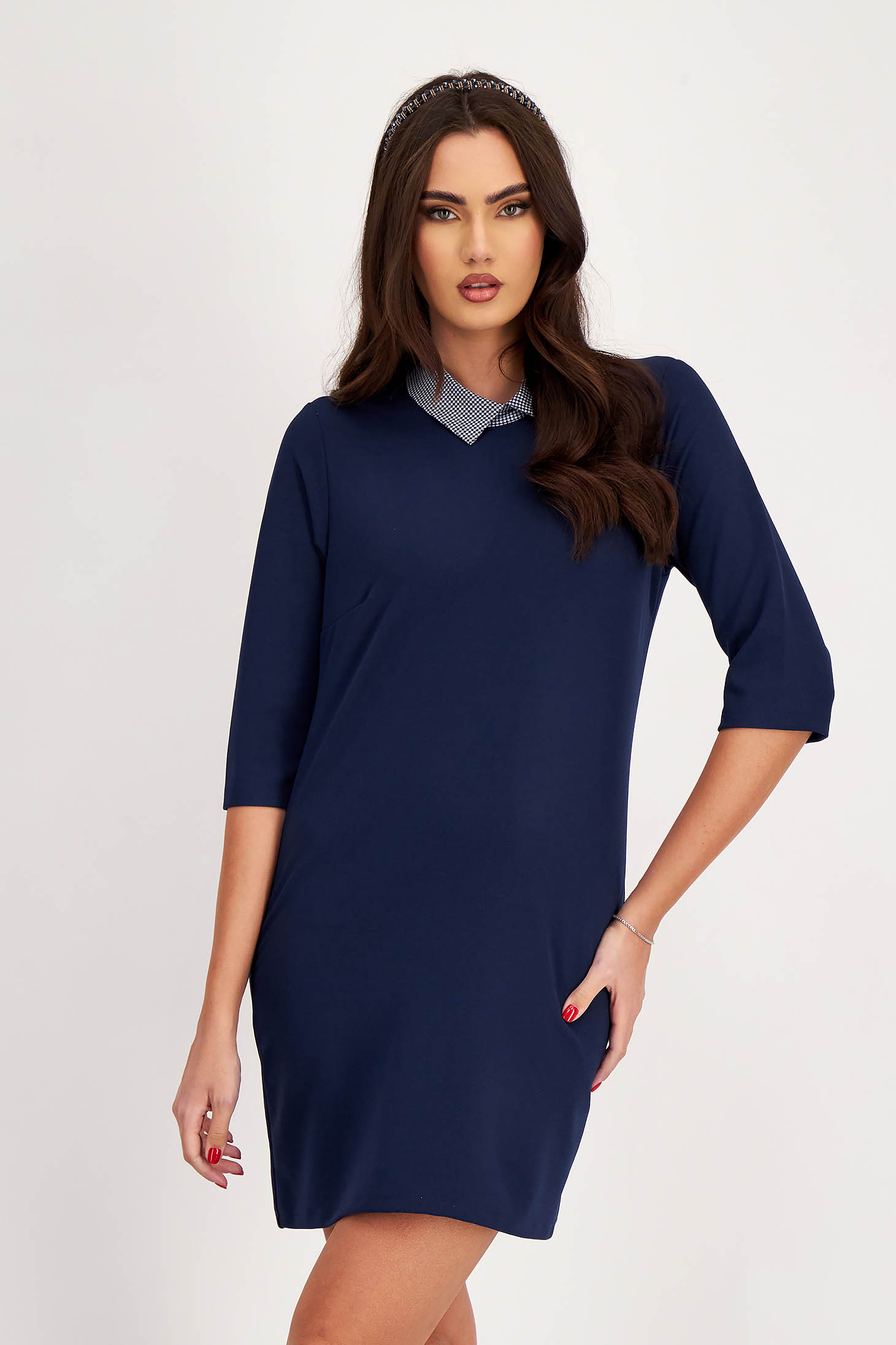 Navy blue crepe dress with a straight cut and shirt-style collar - SunShine