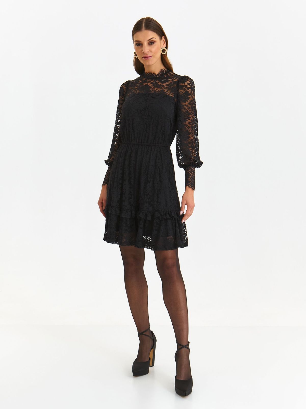 Black dress laced short cut cloche with elastic waist with puffed sleeves