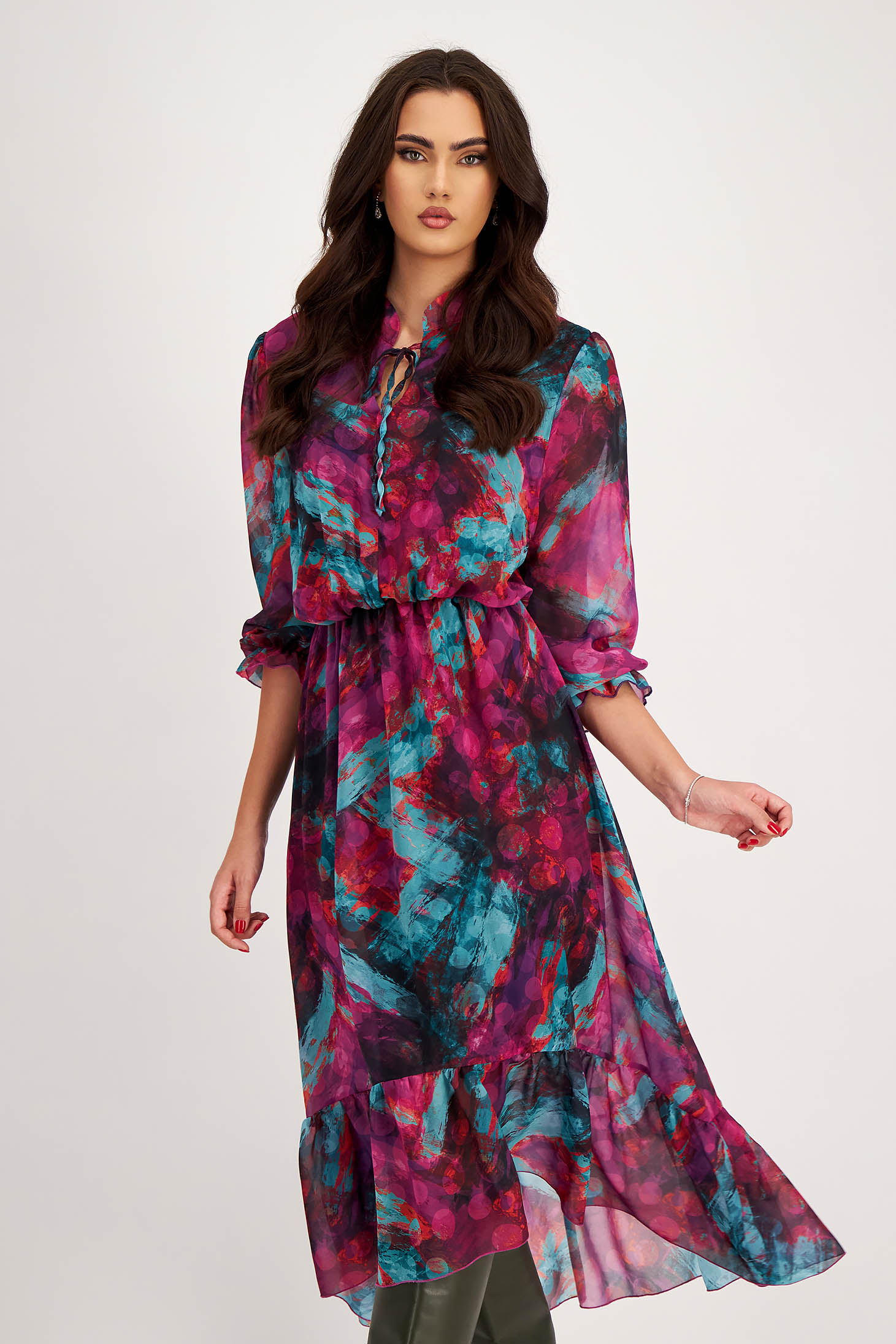 Midi Veil Dress in A-line with Elastic Waist and Puffy Sleeves - StarShinerS