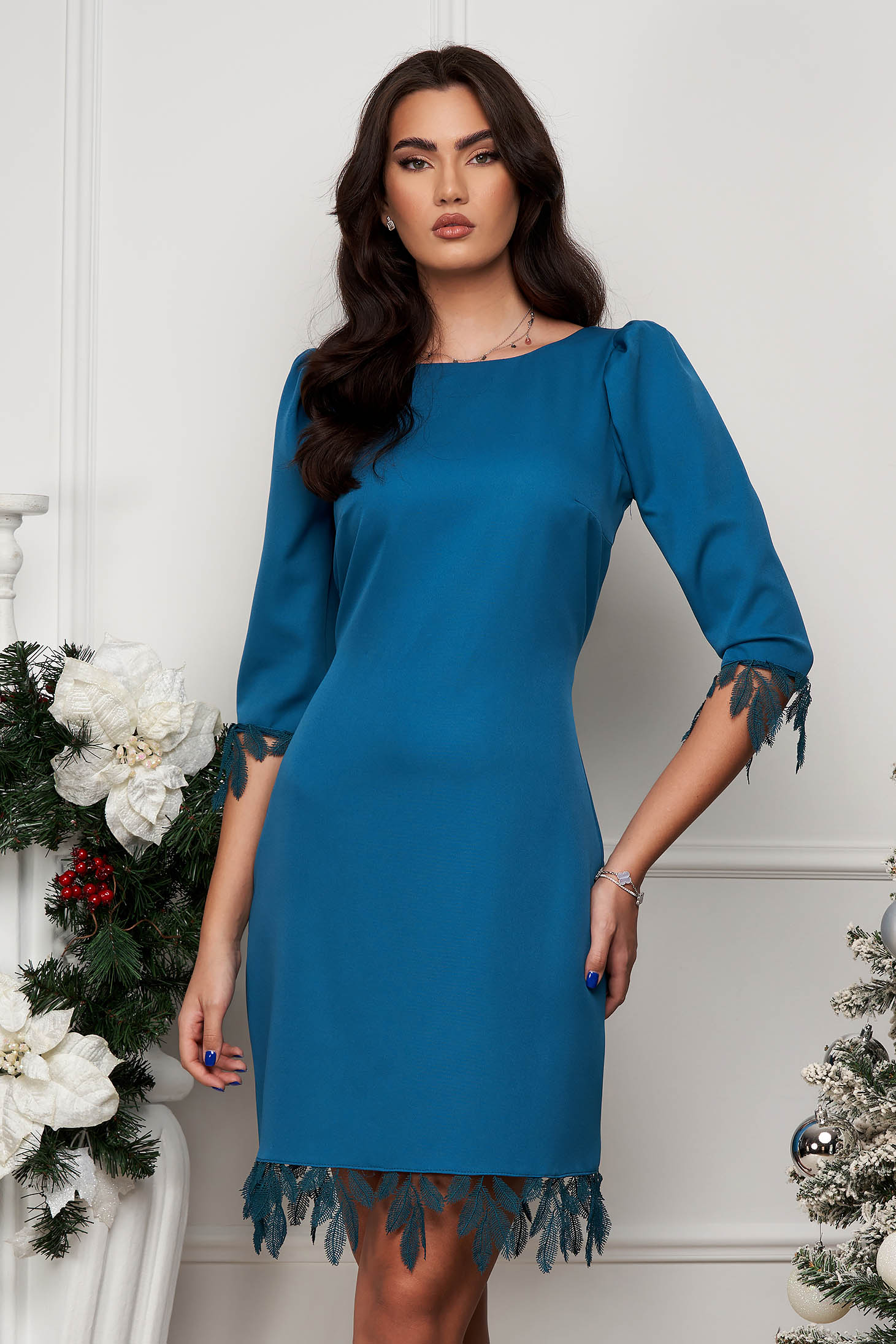 Knee-length Petrol Blue Stretch Fabric Pencil Dress with Puffy Shoulders and Embroidery - StarShinerS