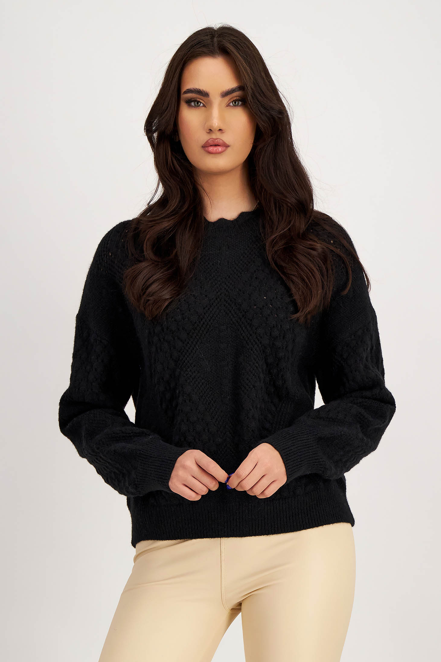 Black knitted sweater with a loose fit and rounded neckline with embossed pattern - SunShine