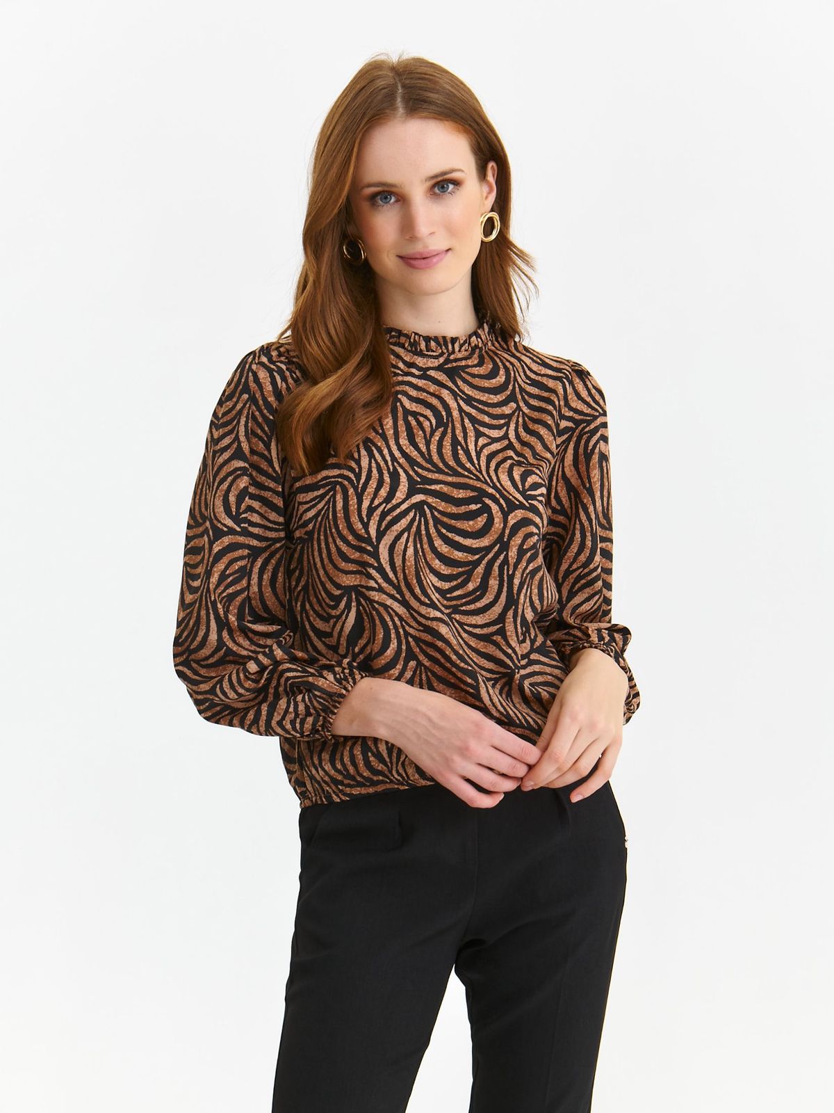 Brown women`s blouse thin fabric loose fit with elastic waist