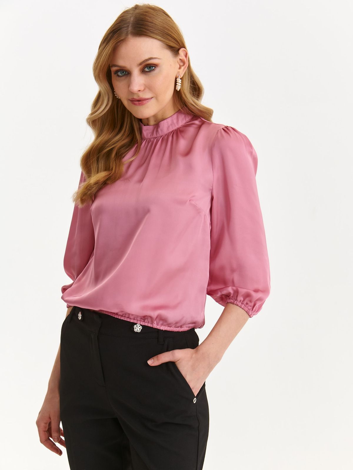 Pink women`s blouse from satin loose fit with puffed sleeves with 3/4 sleeves