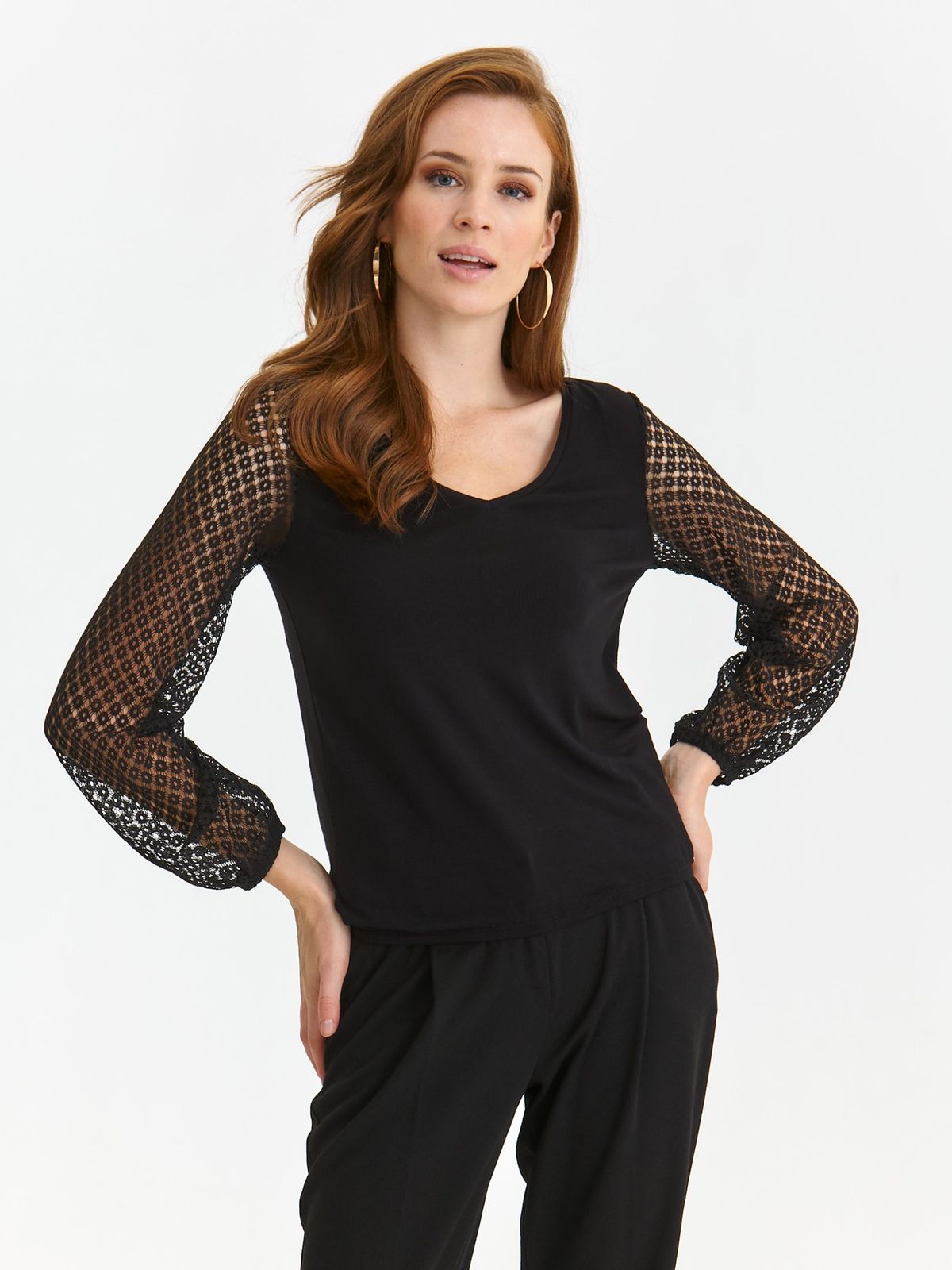 Bluza dama din material elastic neagra mulata cu maneci bufante din dantela - Top Secret