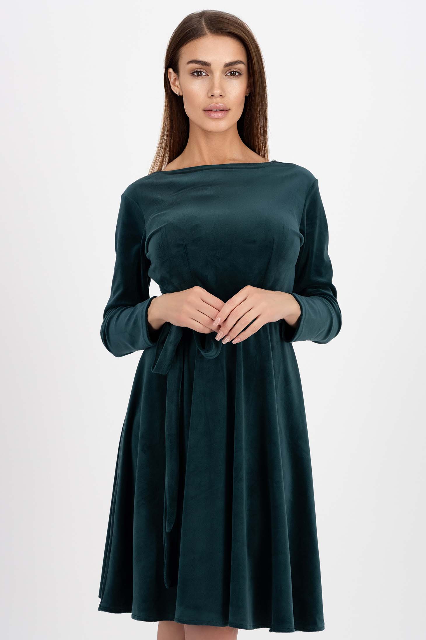 Rochie din catifea verde-inchis pana la genunchi in clos cu elastic in talie accesorizata cu cordon - StarShinerS 1 - StarShinerS.ro