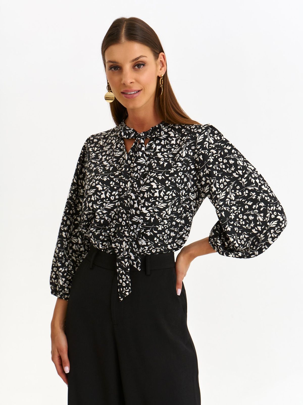 Black women`s blouse thin fabric loose fit with puffed sleeves