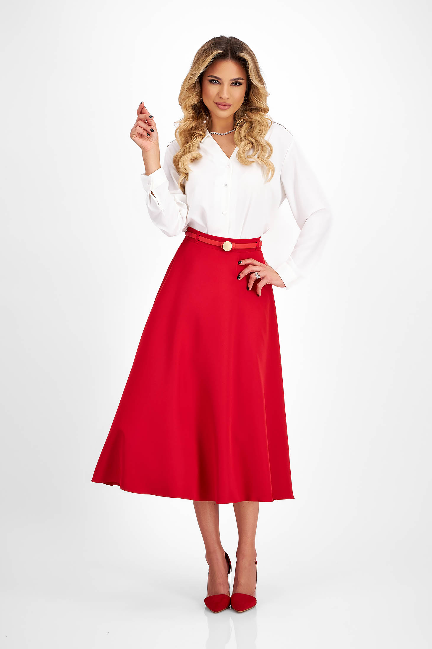 Red Elastic Fabric Midi Skater Skirt with Belt Accessory - StarShinerS