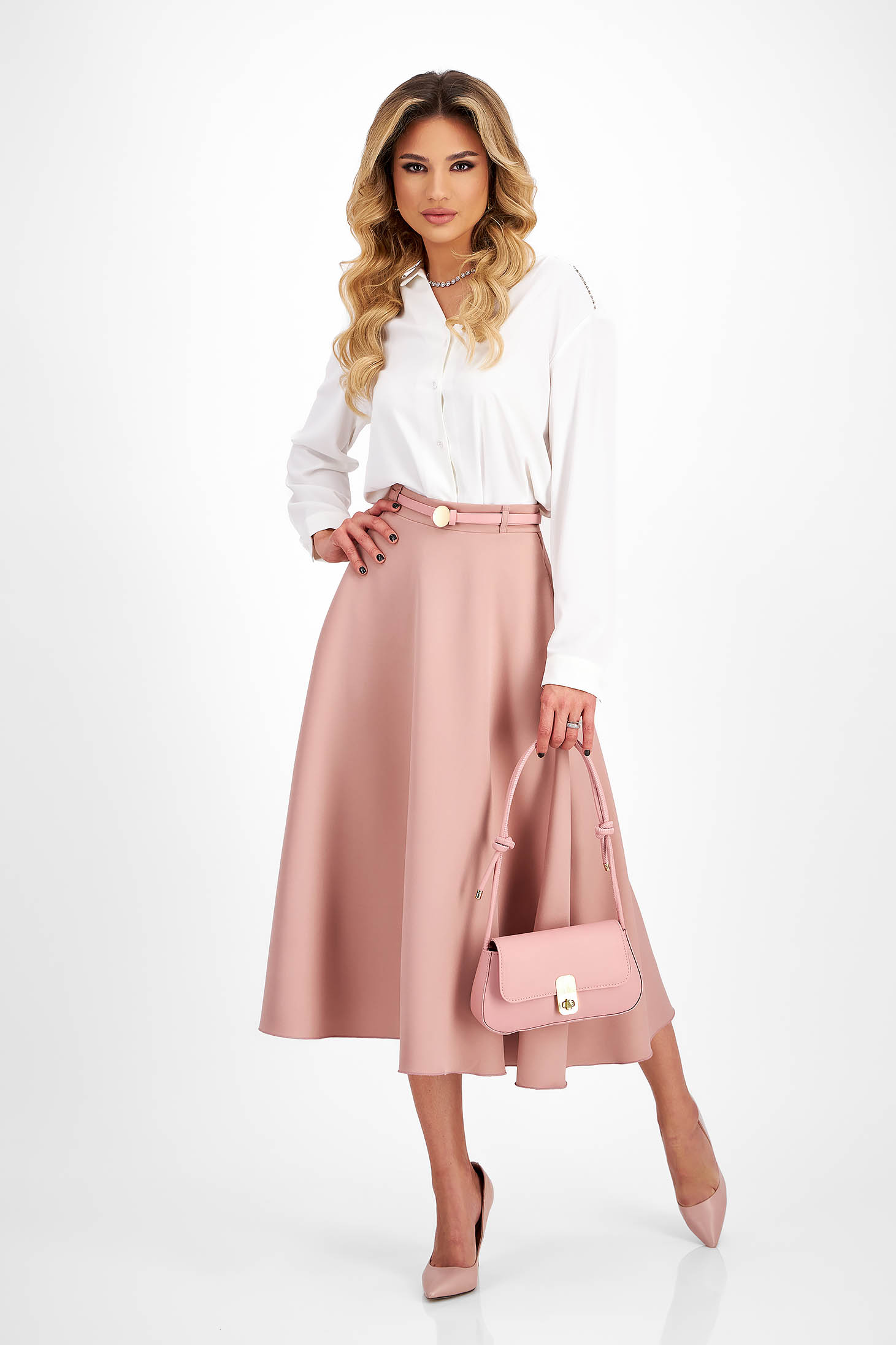 Powder pink elastic fabric midi flared skirt with belt-type accessory - StarShinerS