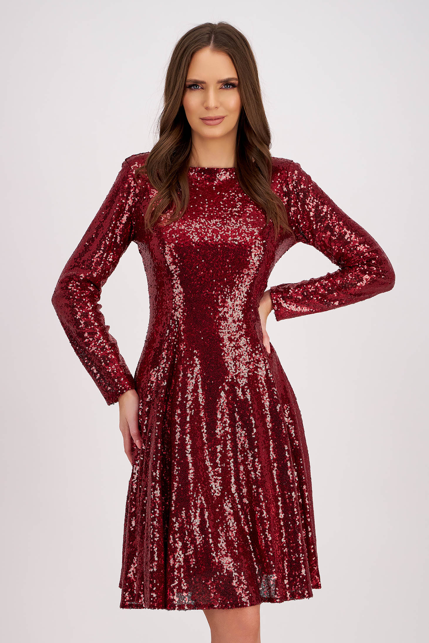 Sequin Red A-Line Dress with Rounded Neckline - StarShinerS