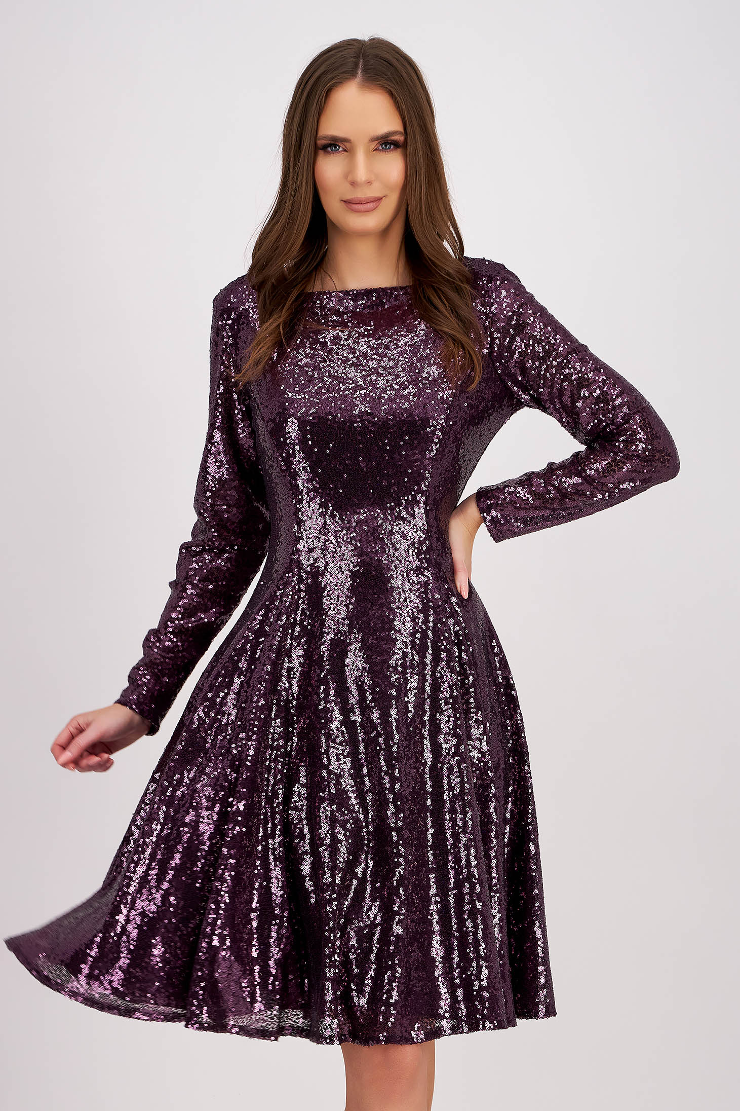 Sequin Purple A-Line Dress with Rounded Neckline - StarShinerS