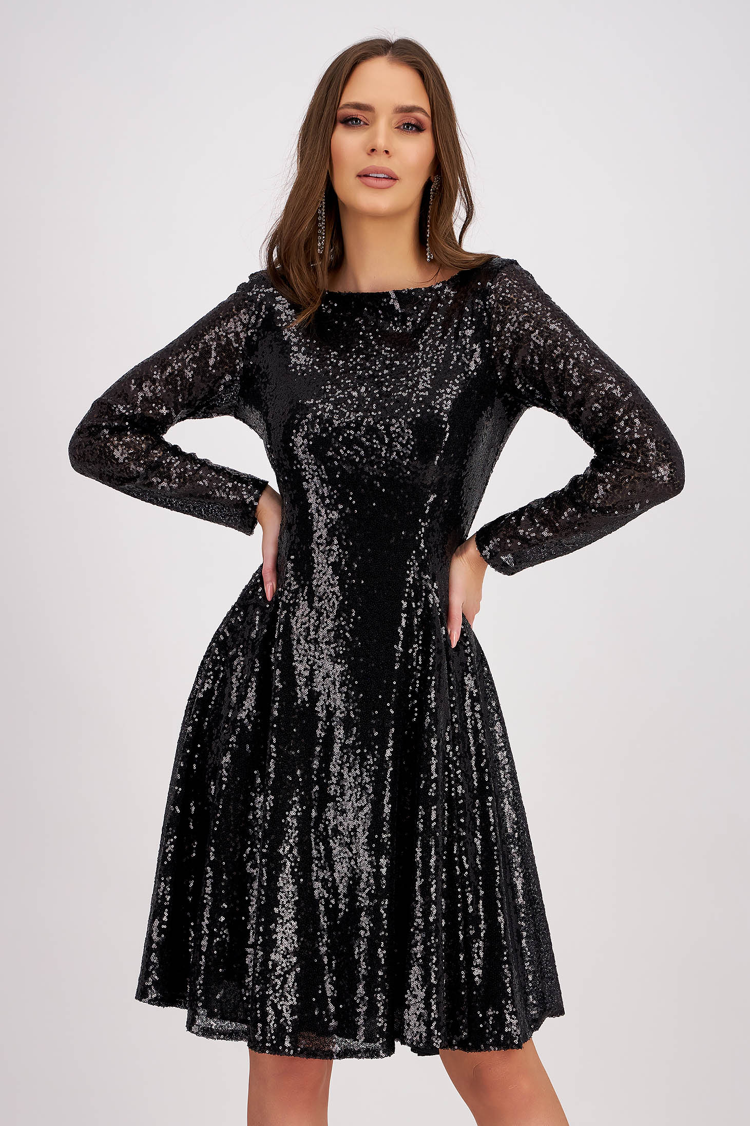 Black Sequin A-Line Dress with Rounded Neckline - StarShinerS
