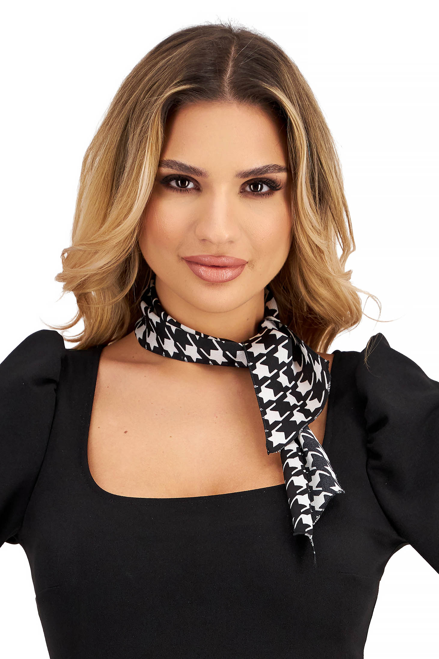 Black satin scarf with houndstooth print - StarShinerS