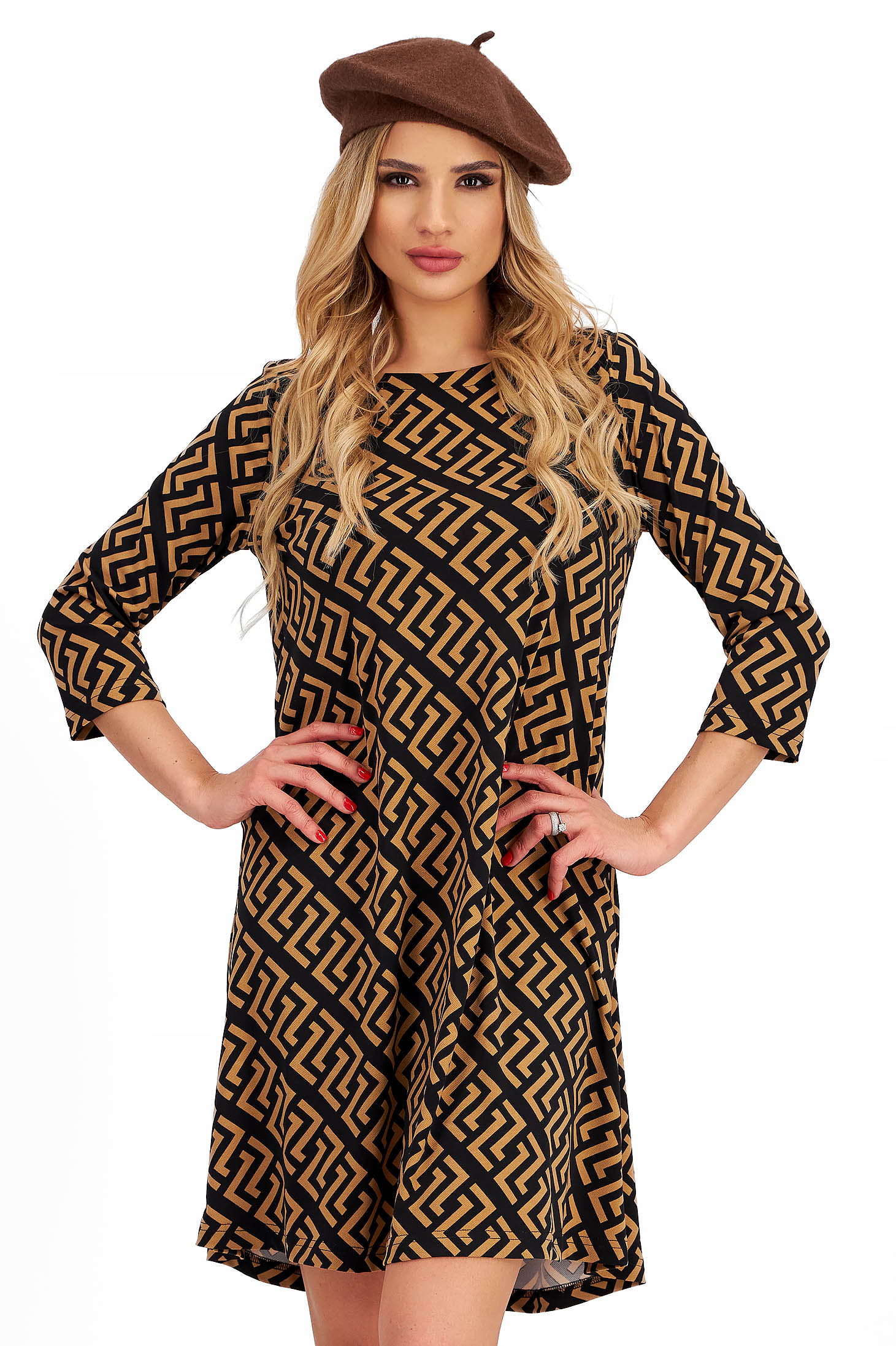 Short Crepe Dress with Loose Fit and Rounded Neckline - StarShinerS