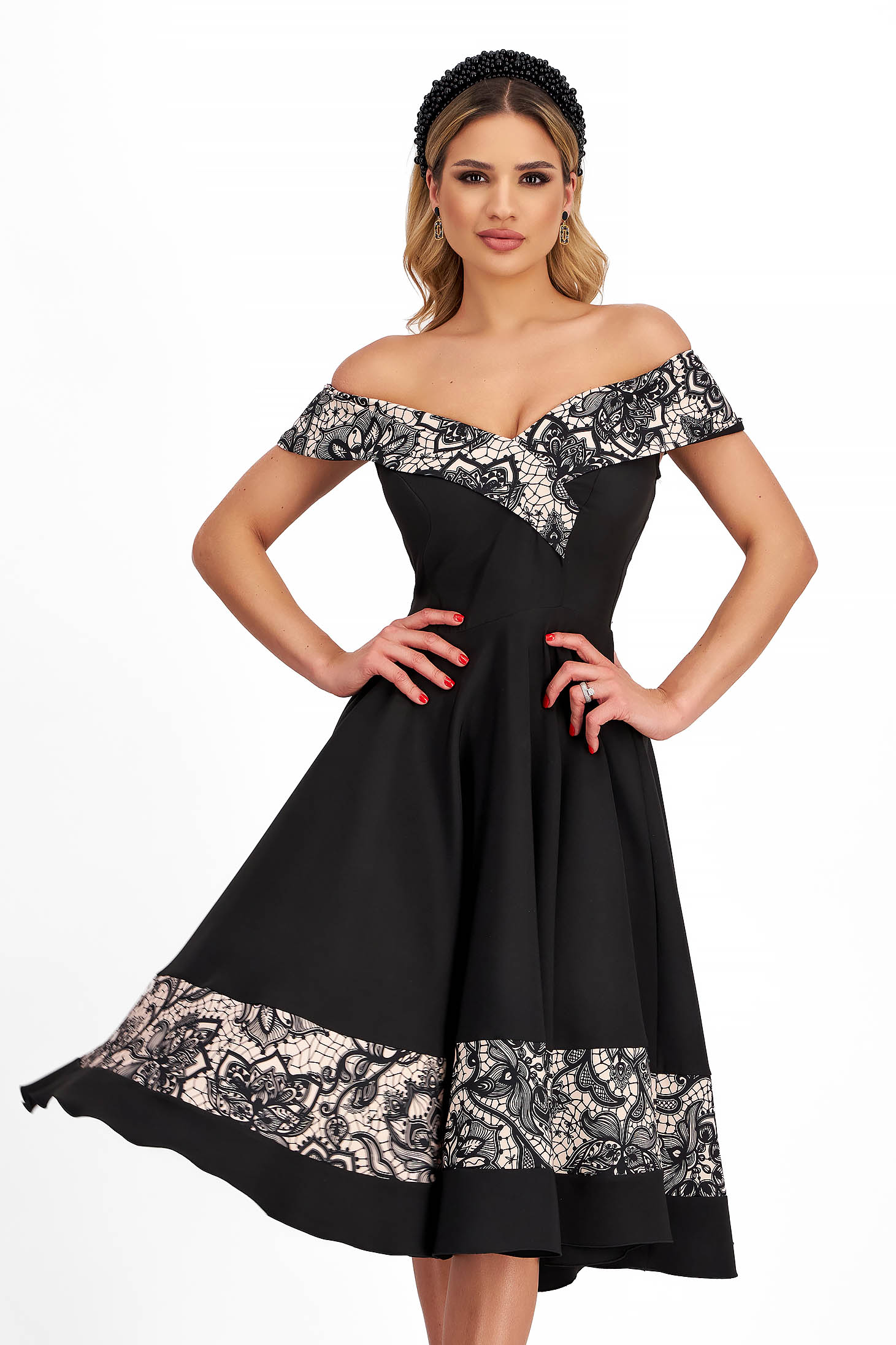 Rochie din stofa elastica neagra midi in clos cu umeri goi - StarShinerS 1 - StarShinerS.ro