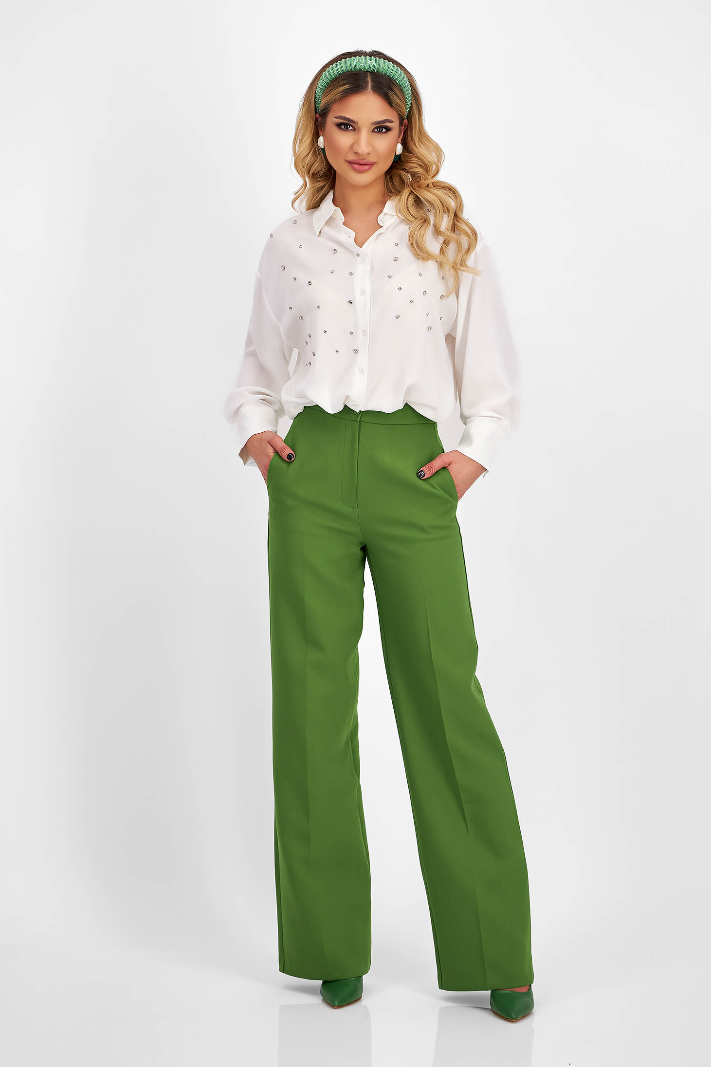 Pantaloni din bumbac verde olive lungi evazati cu talie inalta si buzunare laterale - SunShine
