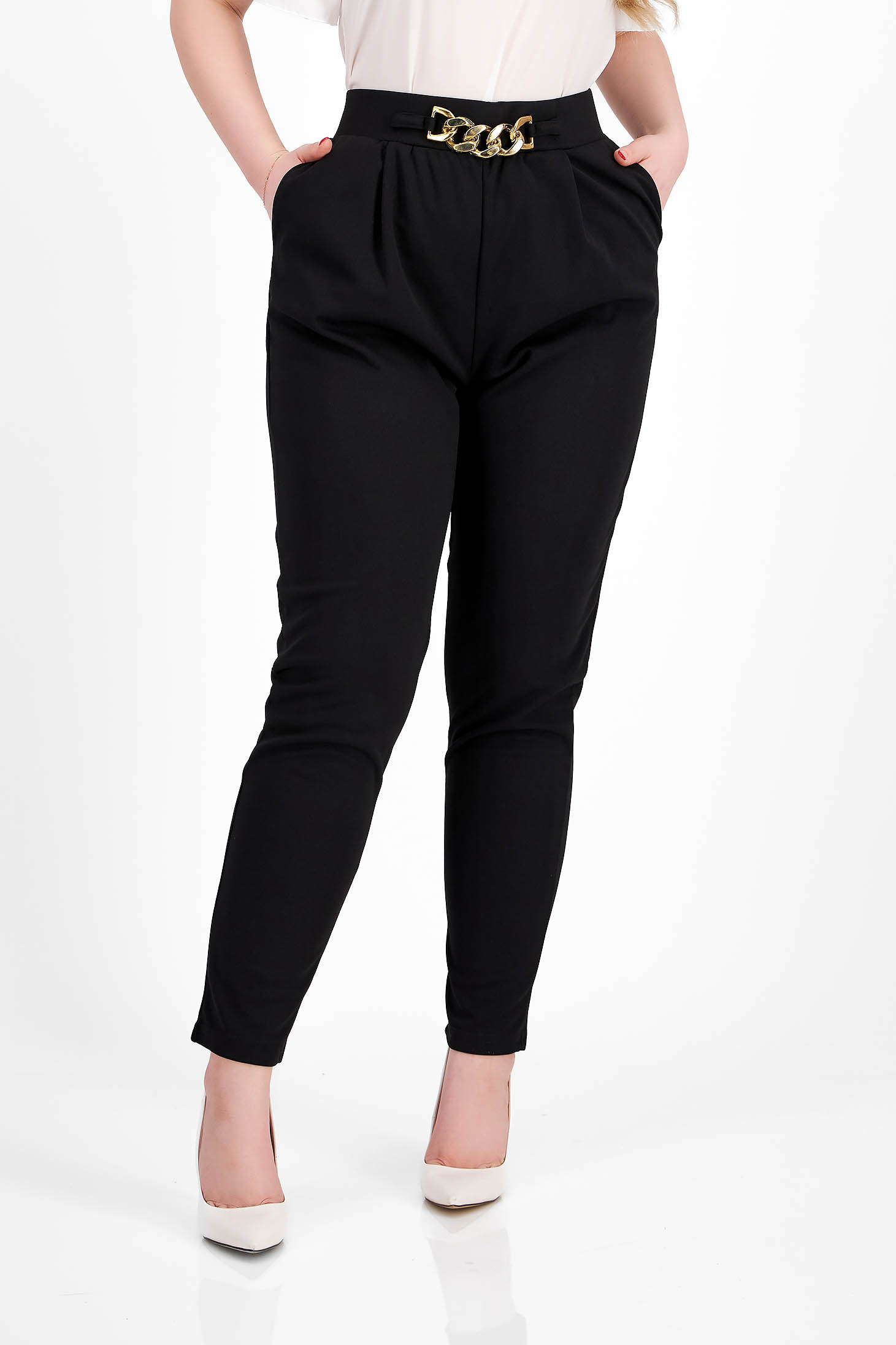 Pantaloni din crep negri conici cu elastic in talie si buzunare laterale - SunShine 1 - StarShinerS.ro