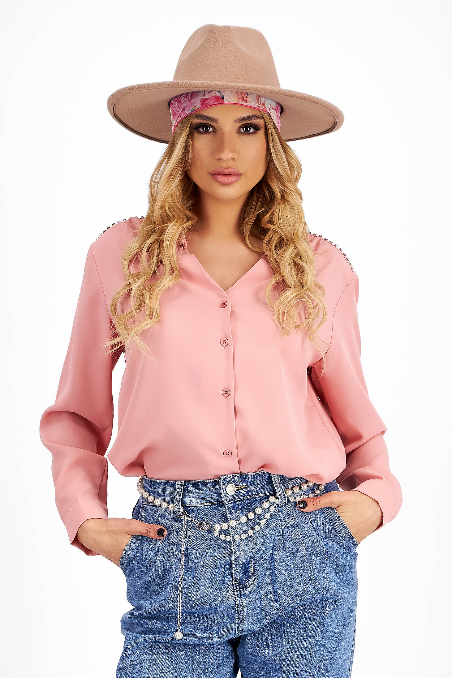 Women's blouse in powder pink triple-veil with a loose fit and rhinestone appliqués on the shoulders - SunShine