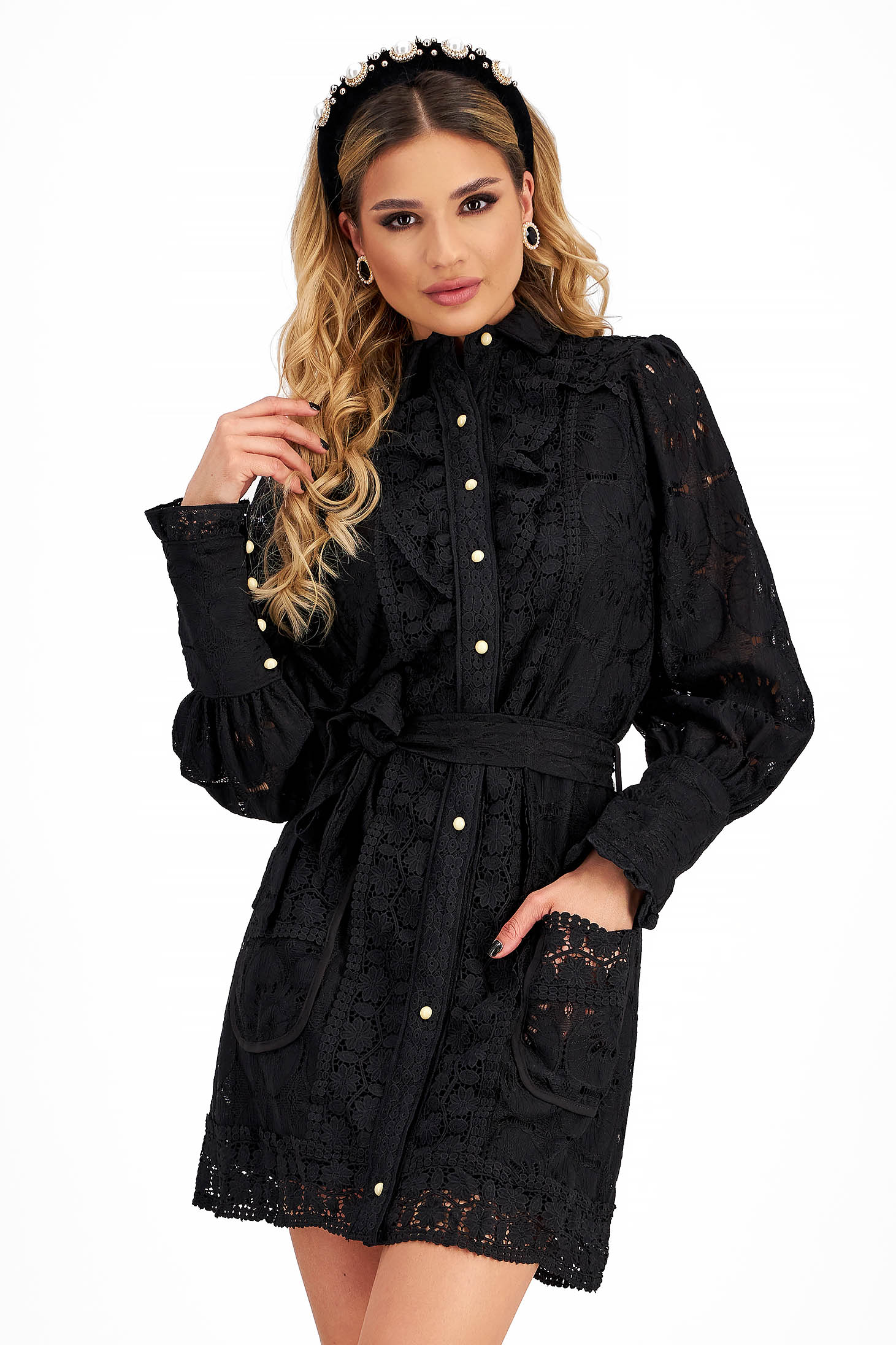Black macrame lace short dress with a straight cut and side pockets accessorized with a cord - SunShine