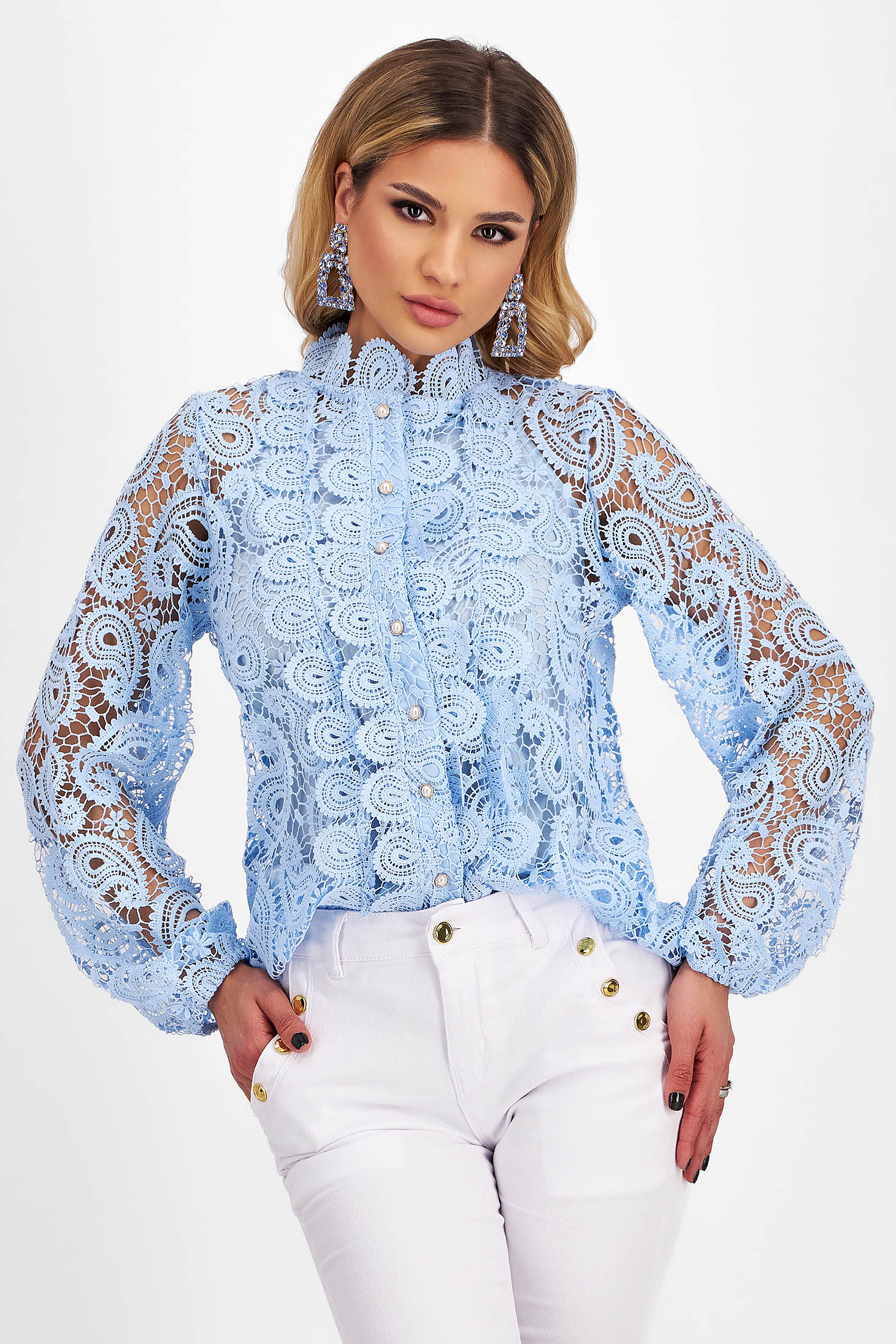 Ladies' Light Blue Macrame Lace Blouse with Puff Sleeves - SunShine