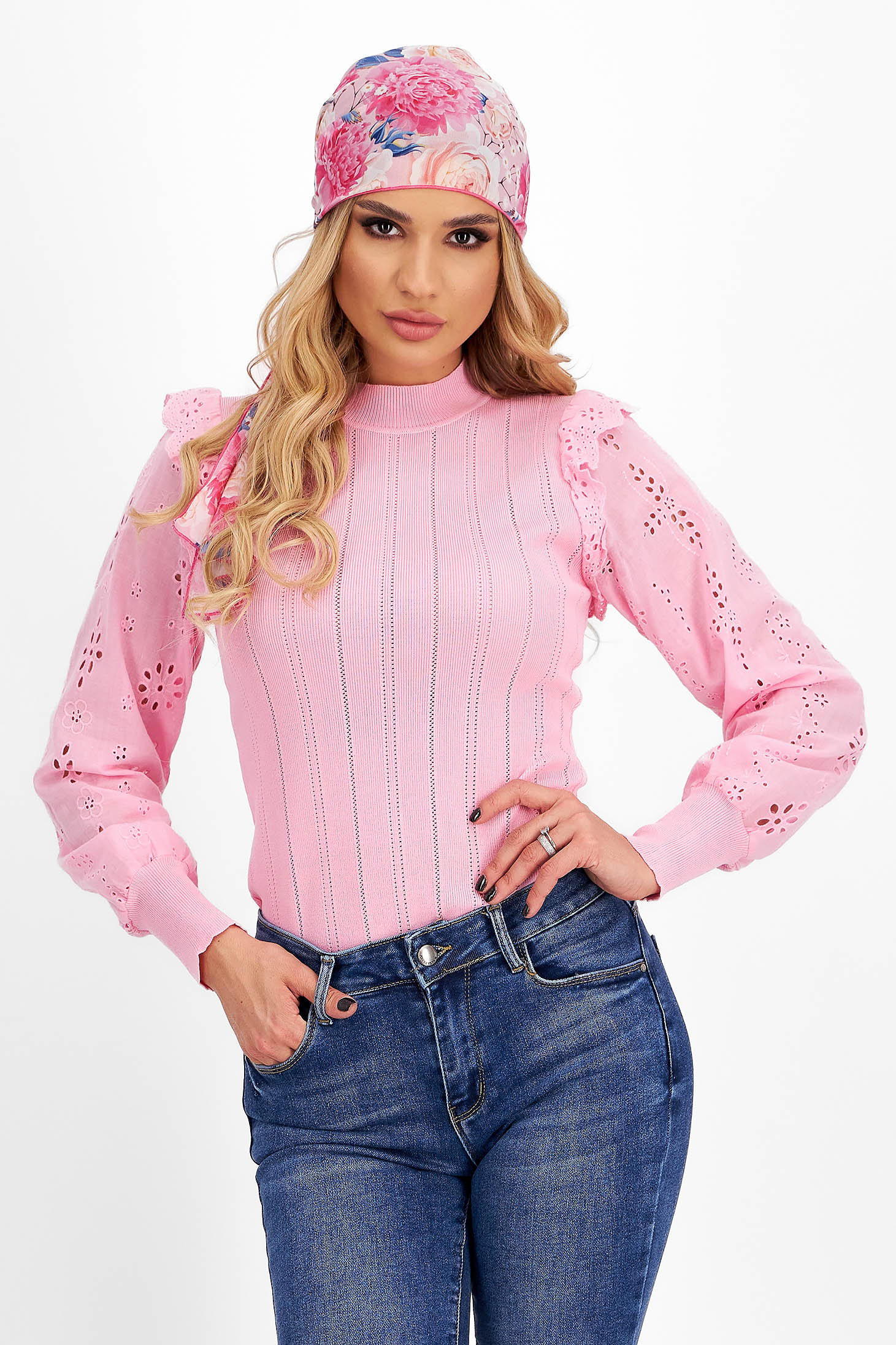 Ladies' Light Pink Slim-Fit Knit Blouse with Lace Sleeves - SunShine