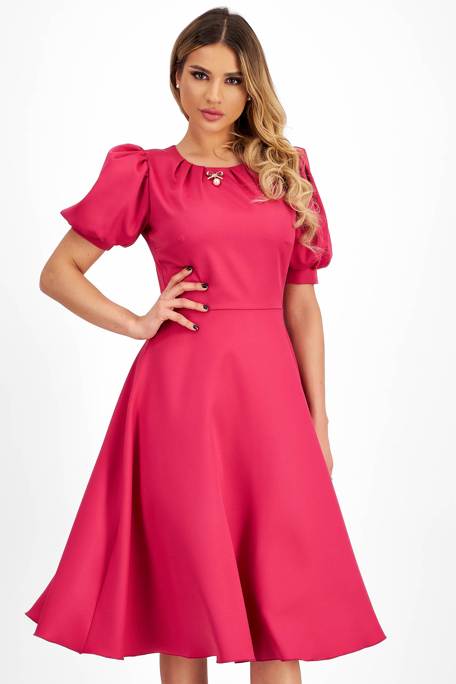 Rochie din stofa elastica fuchsia midi in clos cu maneci bufante - StarShinerS 1 - StarShinerS.ro