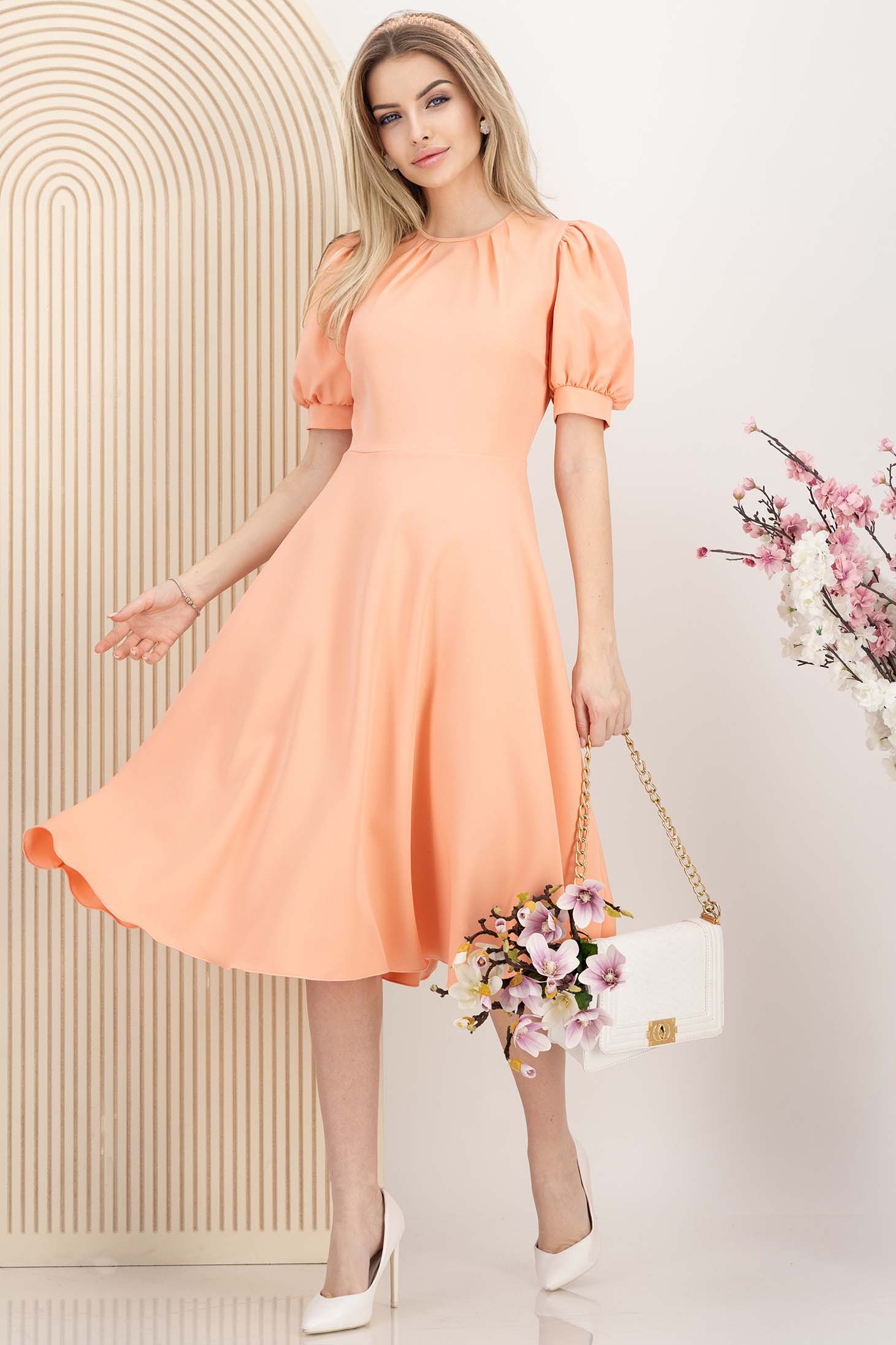 Rochie din stofa elastica corai midi in clos cu maneci bufante - StarShinerS 1 - StarShinerS.ro