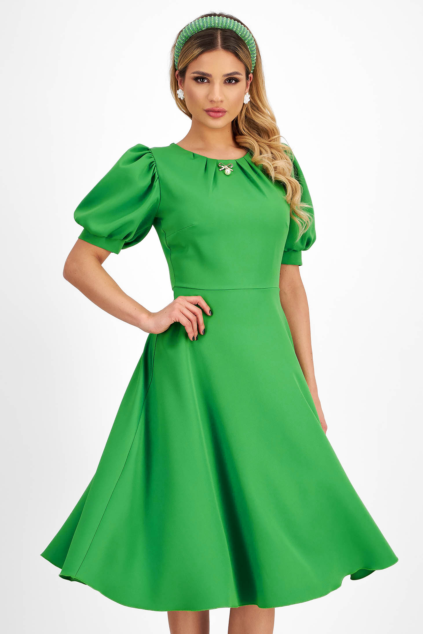 Rochie din stofa elastica verde midi in clos cu maneci bufante - StarShinerS 1 - StarShinerS.ro