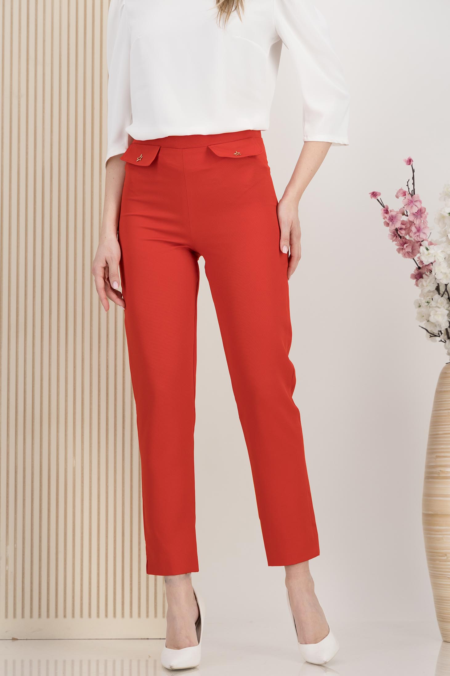 Pantaloni din stofa elastica rosii conici cu talie inalta si buzunare false frontale - StarShinerS 1 - StarShinerS.ro