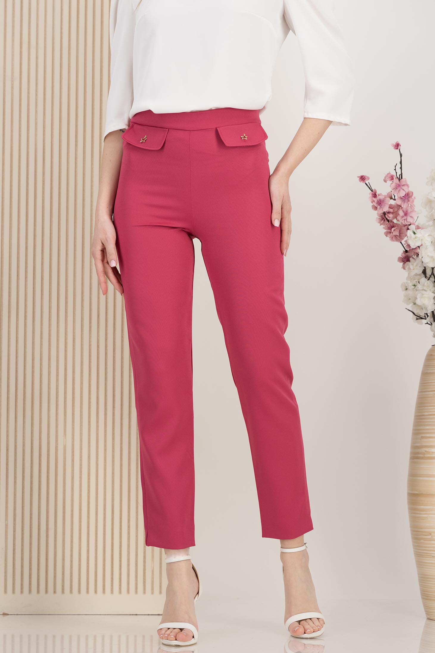 Kalhoty z elastické látky fuchsiové barvy s vysokým pasem a falešnými předními kapsami - StarShinerS 1 - StarShinerS.cz