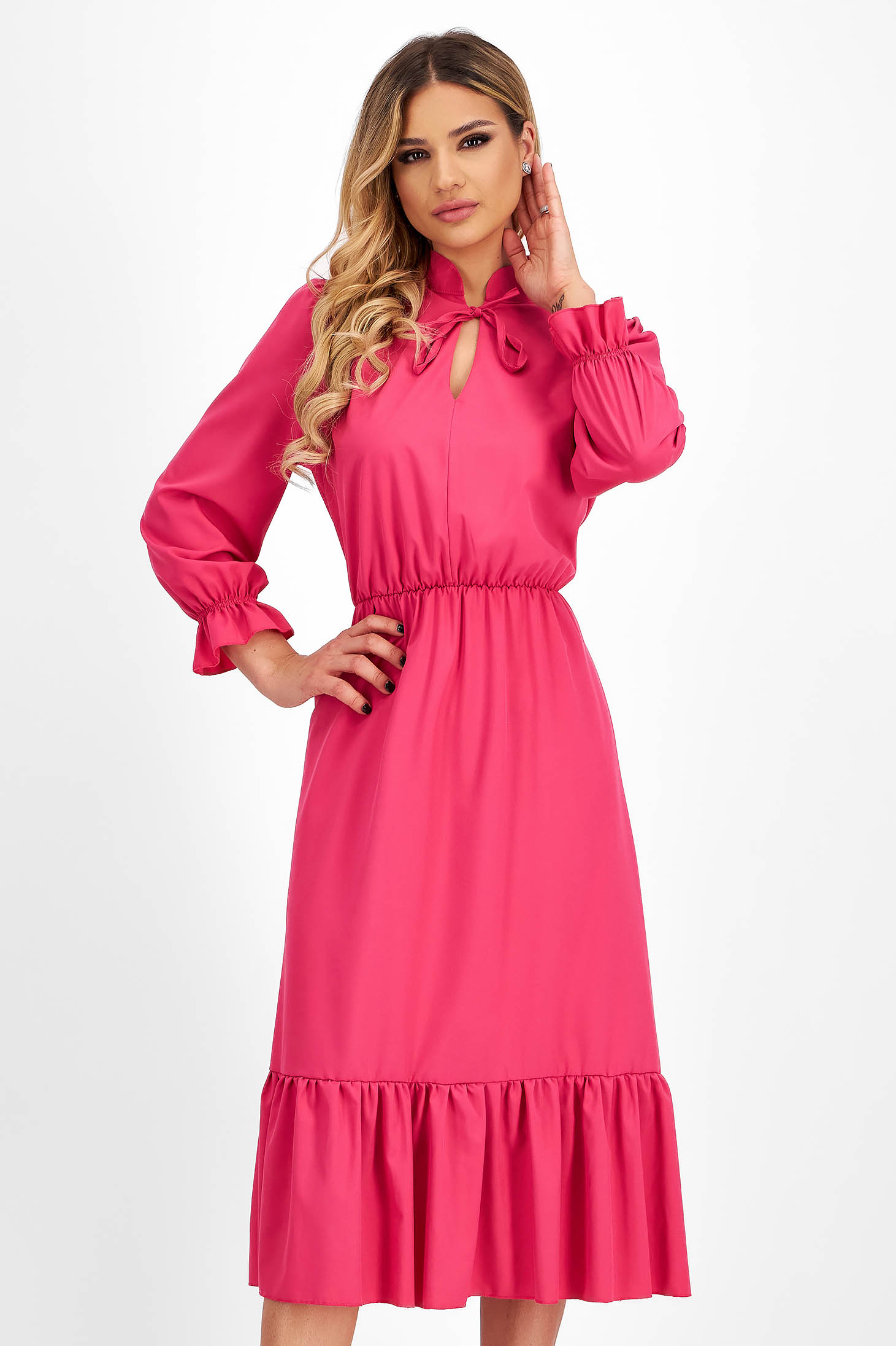 Pink georgette midi ruha, harang alakú gumirozott derékrésszel, StarShinerS 1 - StarShinerS.hu