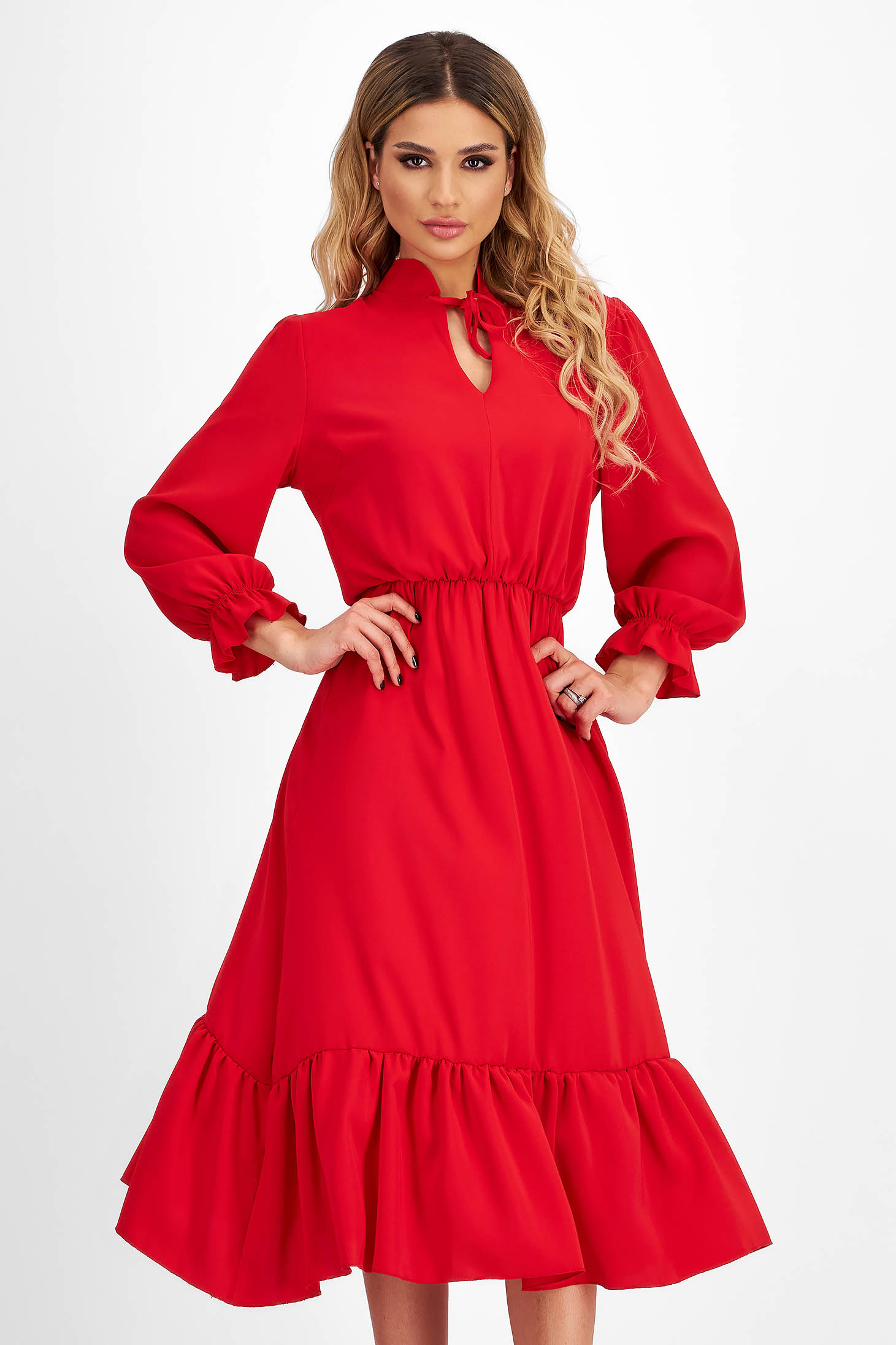 Red georgette midi dress with a flared skirt and elastic waistband - StarShinerS