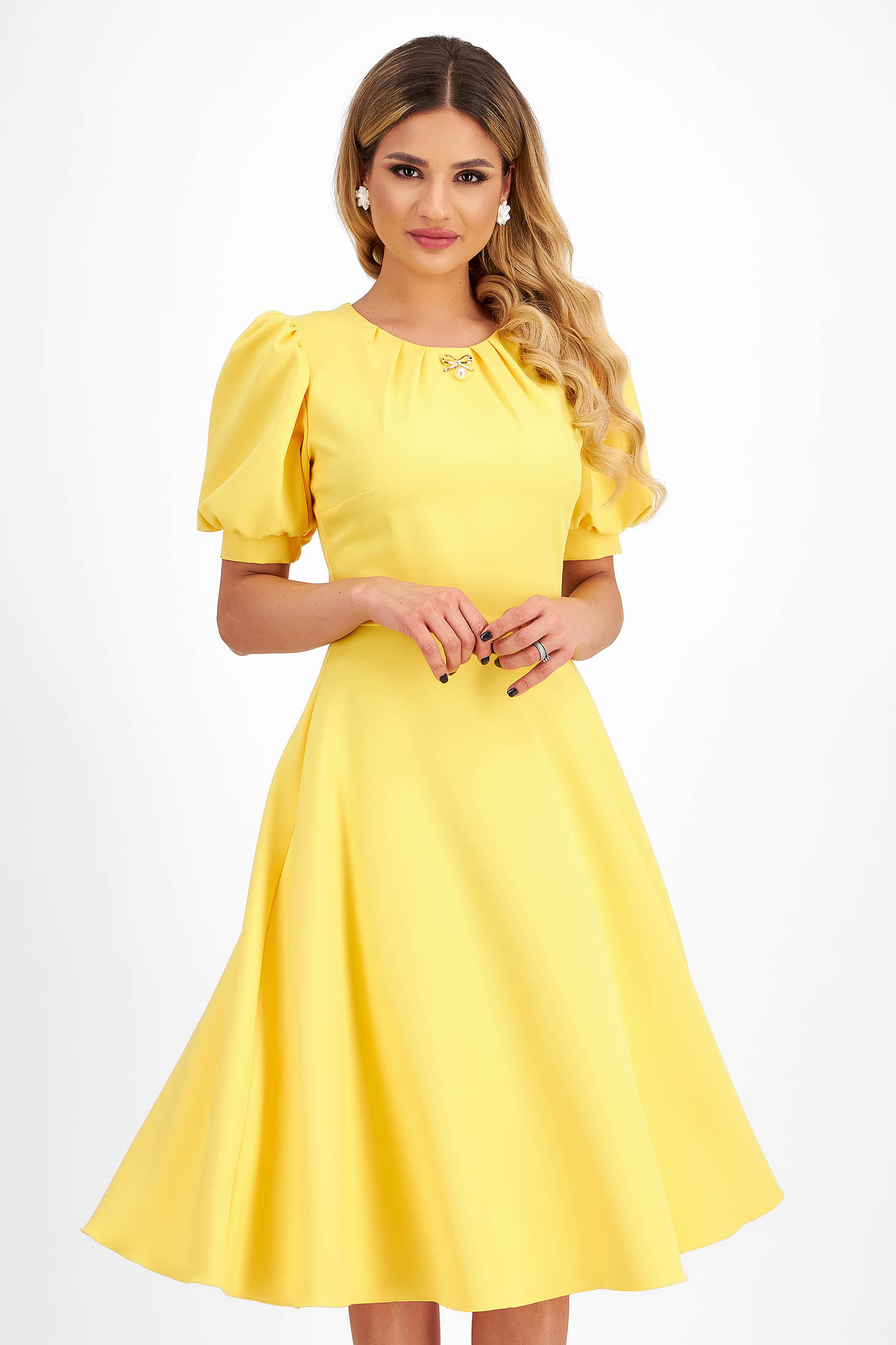 Rochie din stofa elastica galbena midi in clos cu maneci bufante - StarShinerS 1 - StarShinerS.ro