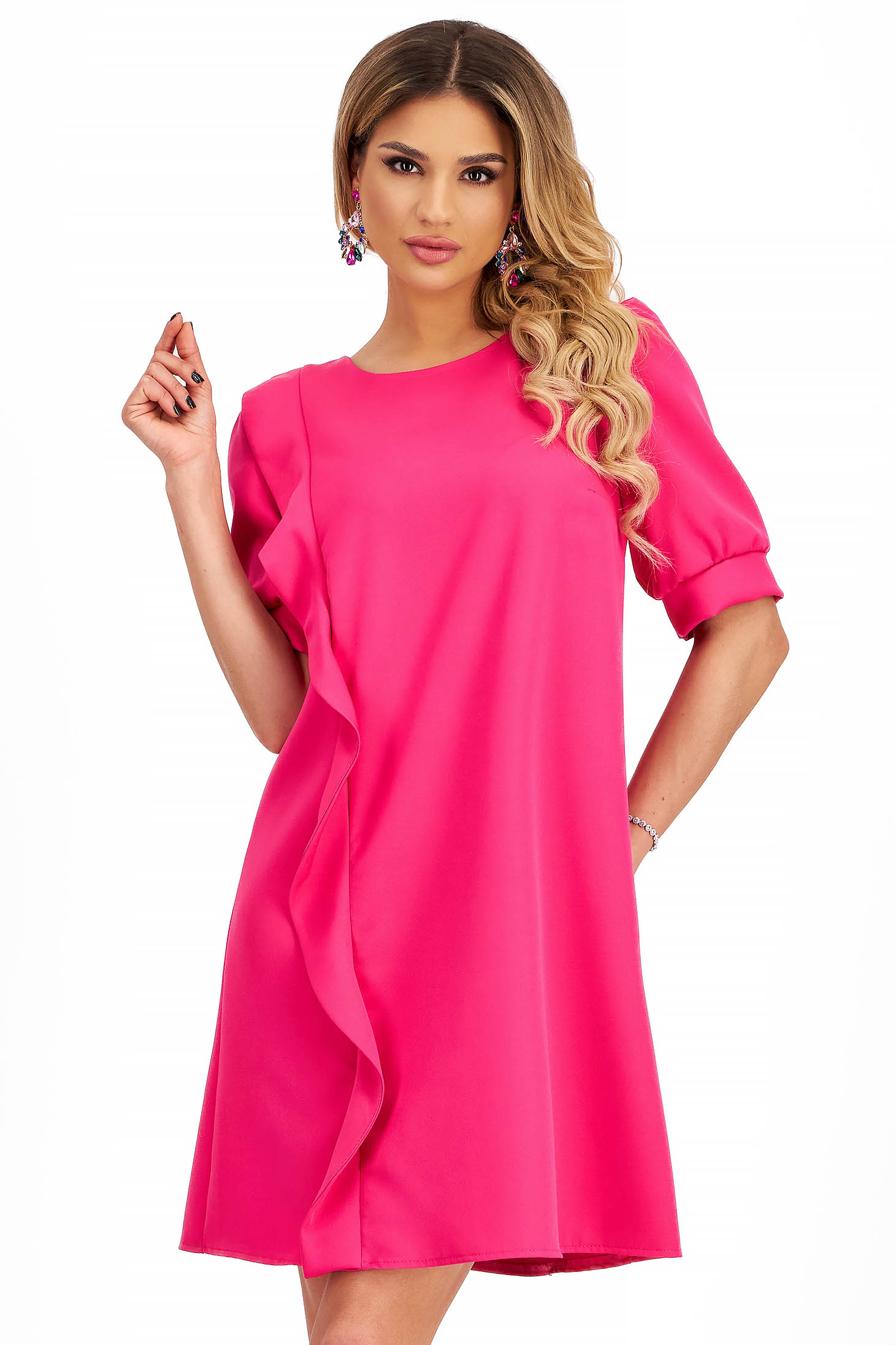 Rochie din stofa elastica roz cu croi larg si volanas decorativ frontal - StarShinerS 1 - StarShinerS.ro