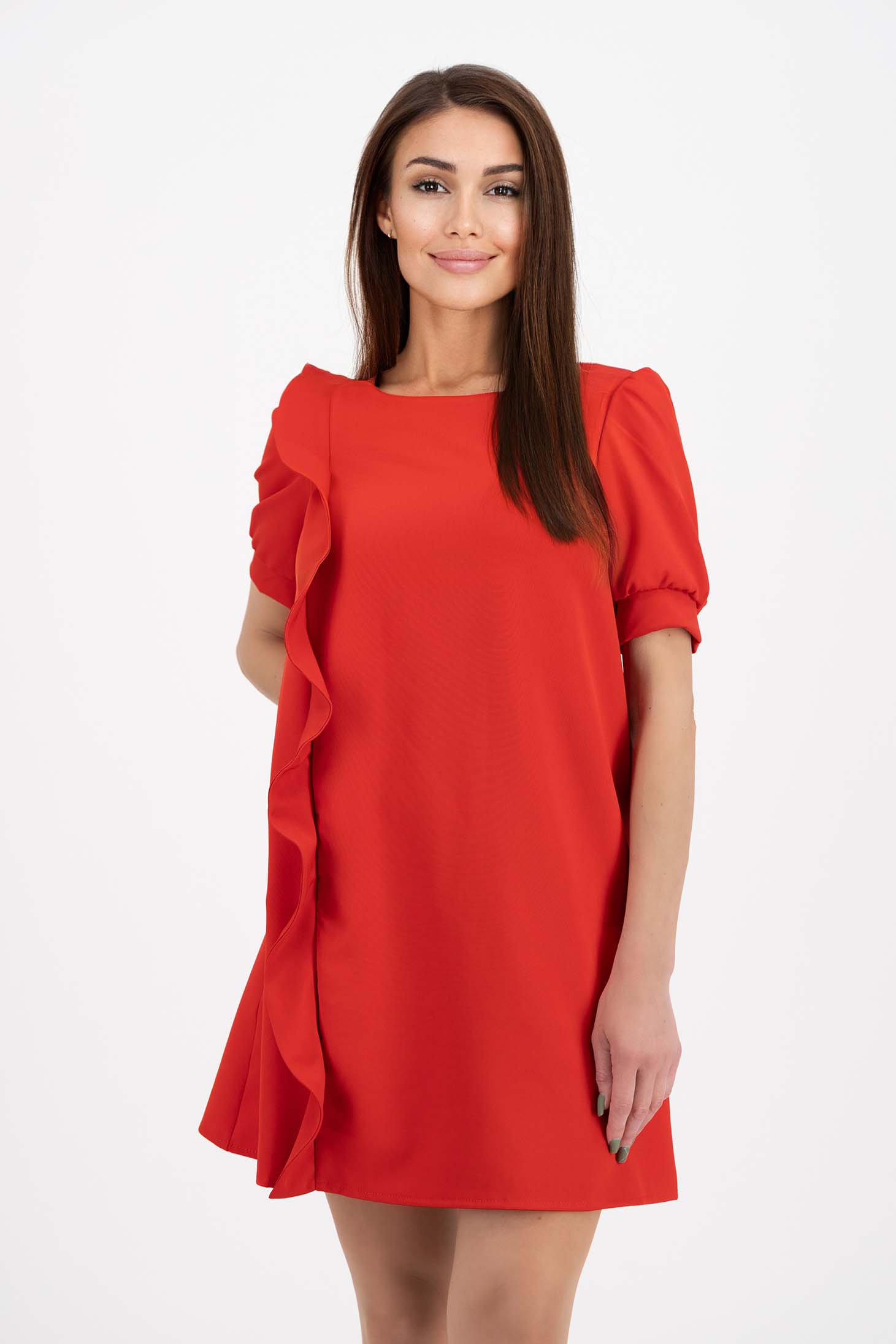 Rochie din stofa elastica rosie cu croi larg si volanas decorativ frontal - StarShinerS 1 - StarShinerS.ro