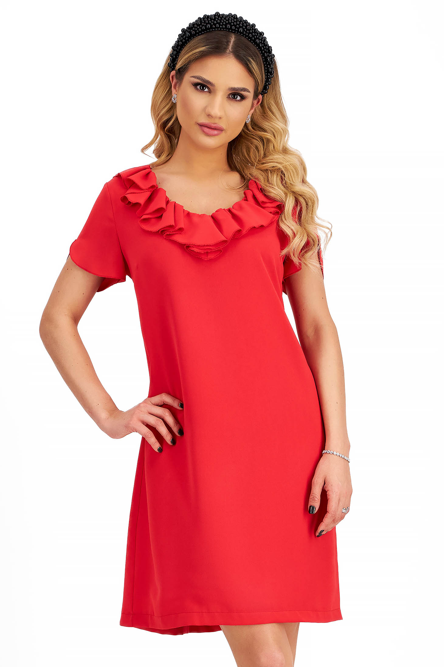 Rochie din stofa elastica subtire rosie cu un croi drept si volanase pe linia decolteului - StarShinerS 1 - StarShinerS.ro