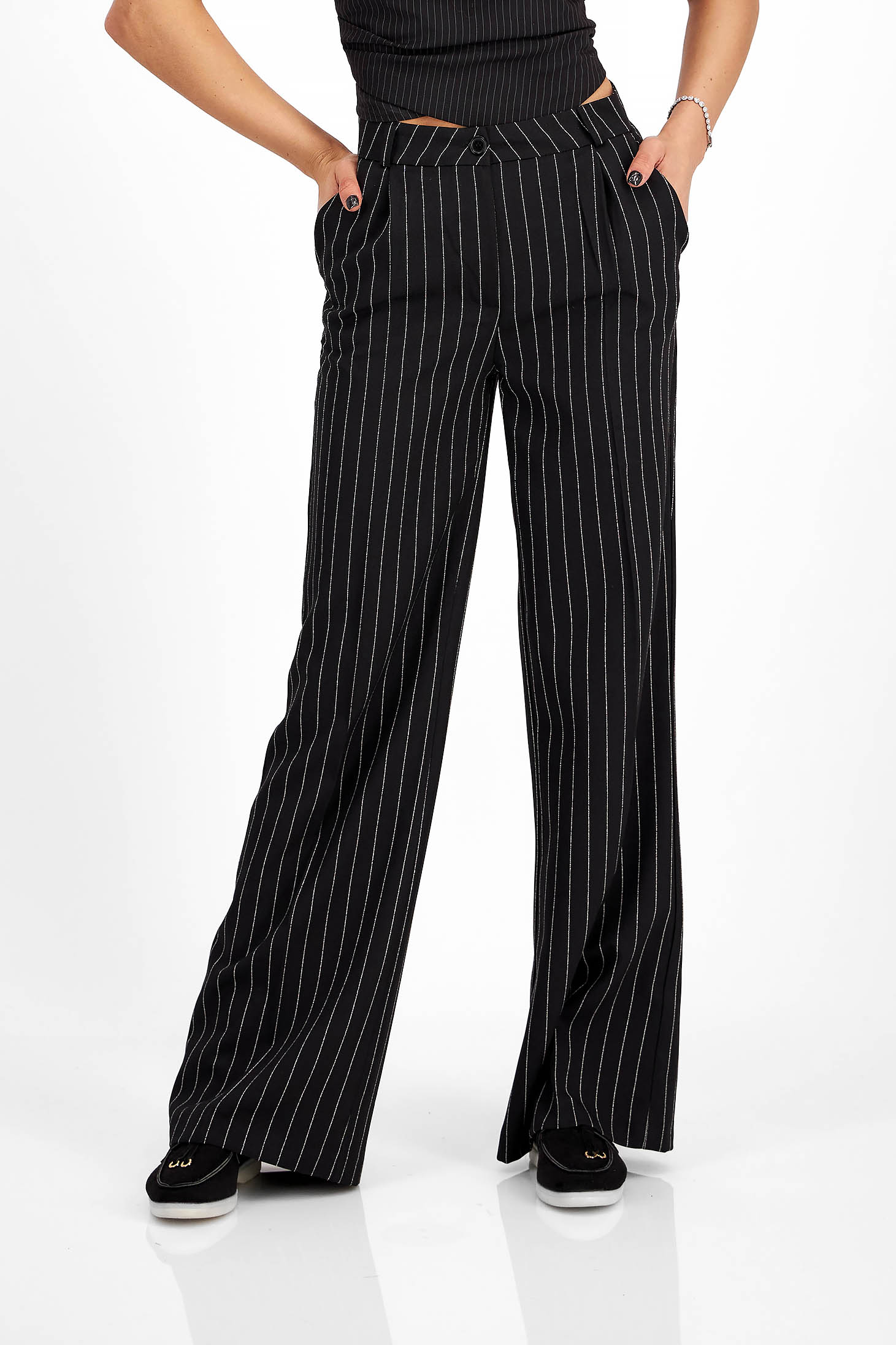 Pantaloni din georgette negri lungi evazati cu buzunare laterale 1 - StarShinerS.ro