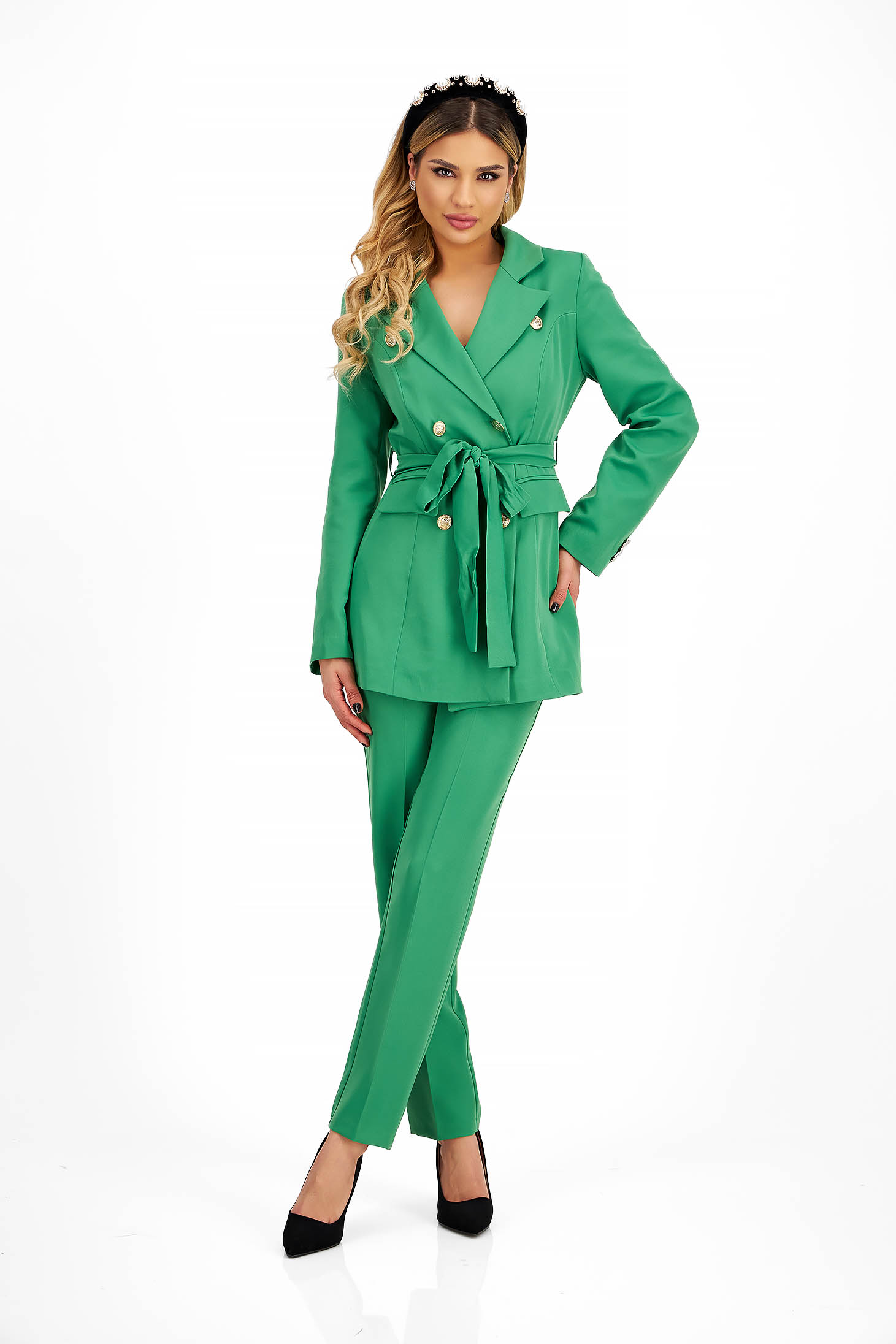 Női kosztüm zöld rugalmas szövet övvel ellátva 1 - StarShinerS.hu