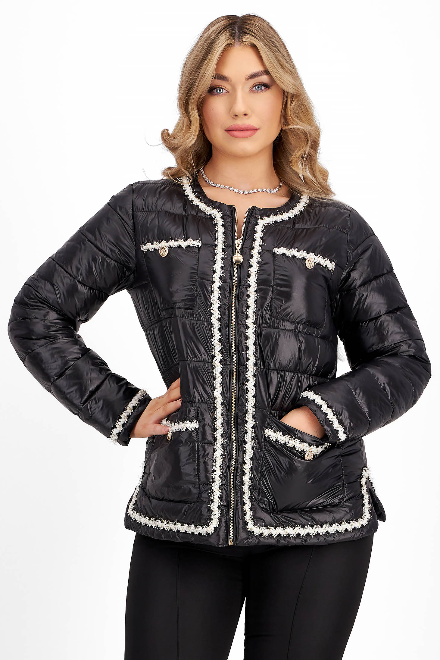 Geaca din fas neagra cu un croi drept si buzunare frontale accesorizate cu nasturi decorativi - SunShine 1 - StarShinerS.ro