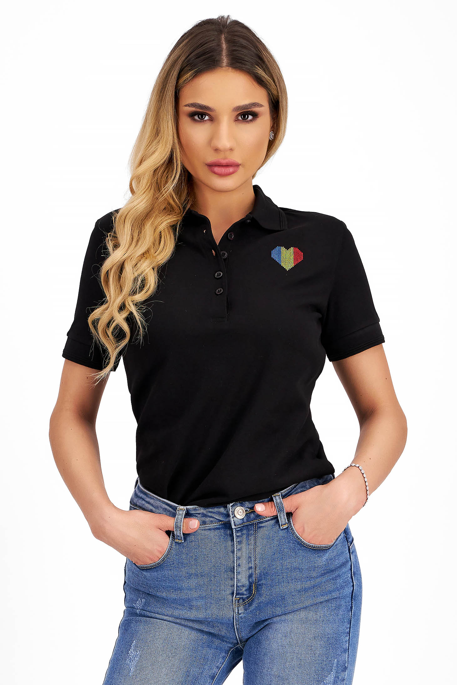 Tricou polo din bumbac negru mulat cu detaliu tricolor brodat - StarShinerS 1 - StarShinerS.ro