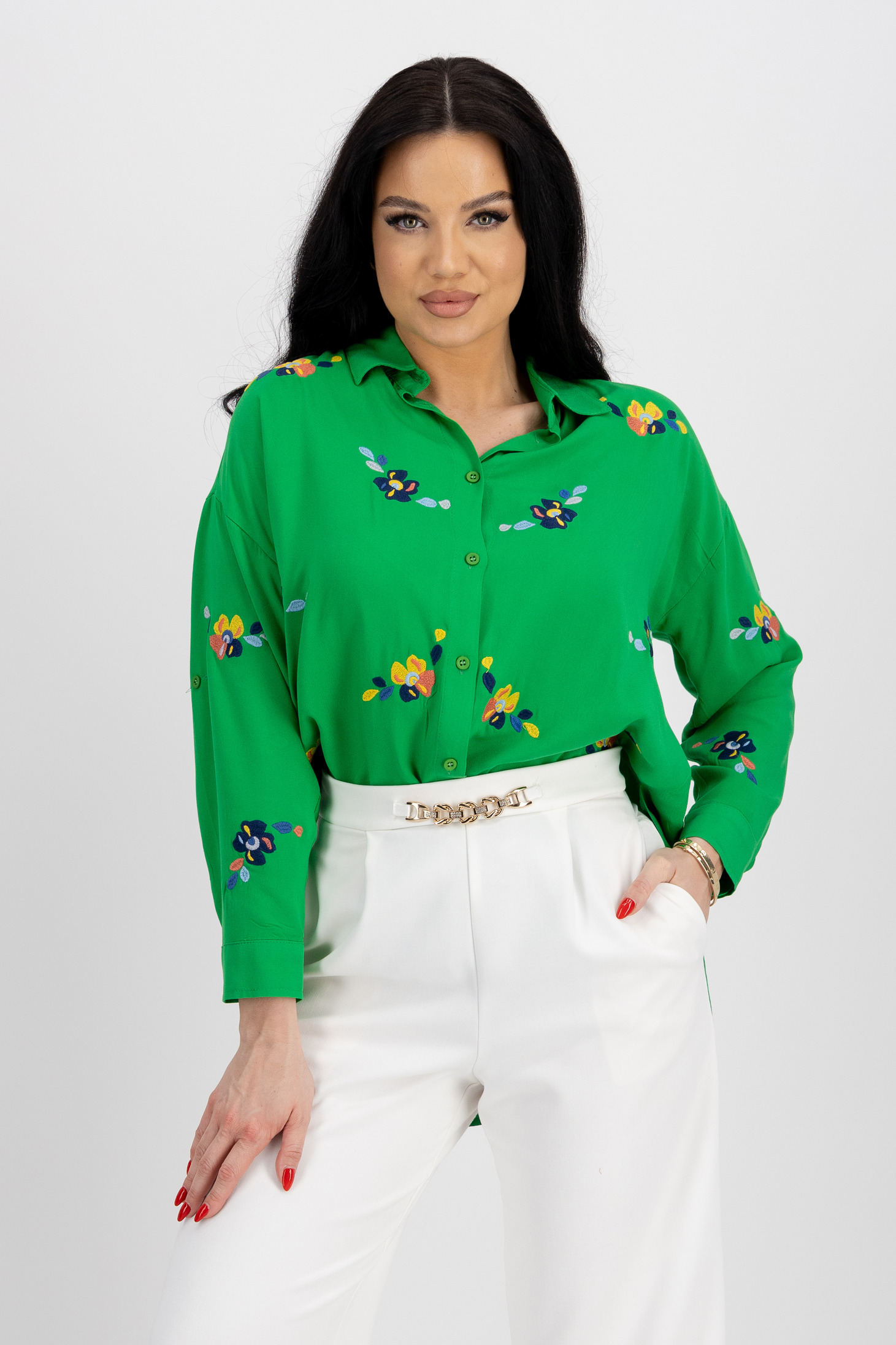 Női ing zöld pamutból készült aszimetrikus bő szabású hímzett részek 1 - StarShinerS.hu