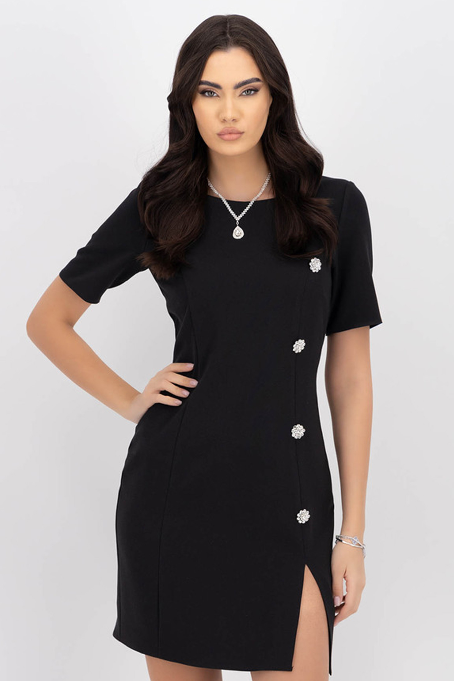 Rochie din stofa elastica neagra scurta tip creion cu nasturi decorativi - StarShinerS 1 - StarShinerS.ro