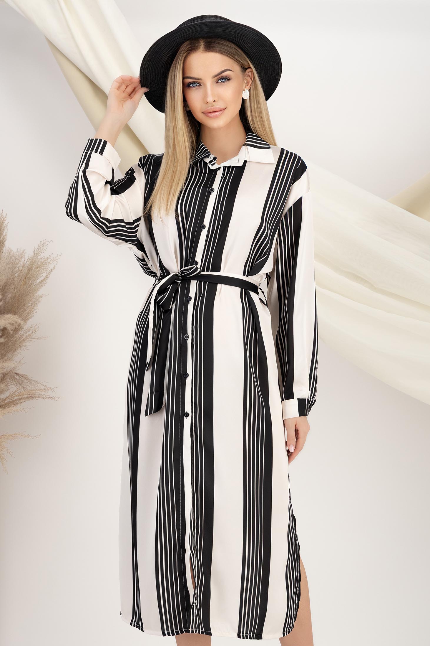 Rochie tip camasa din material fluid midi cu croi larg accesorizata cu cordon 1 - StarShinerS.ro