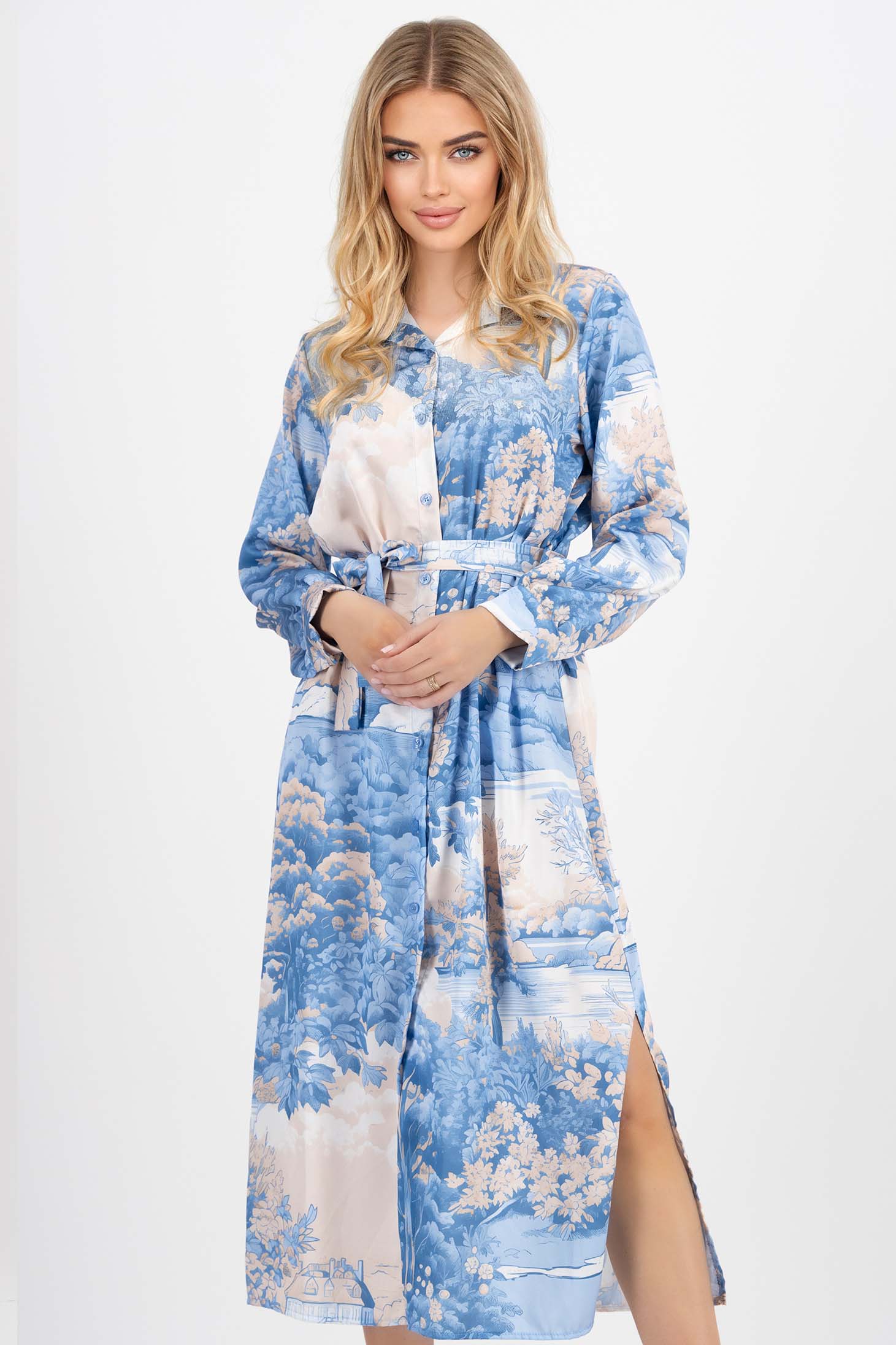 Rochie tip camasa din material fluid midi cu croi larg accesorizata cu cordon 1 - StarShinerS.ro