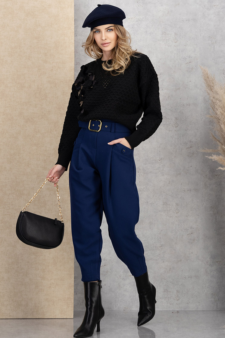 Pantaloni din bumbac bleumarin cu buzunare frontale si accesoriu tip curea 1 - StarShinerS.ro